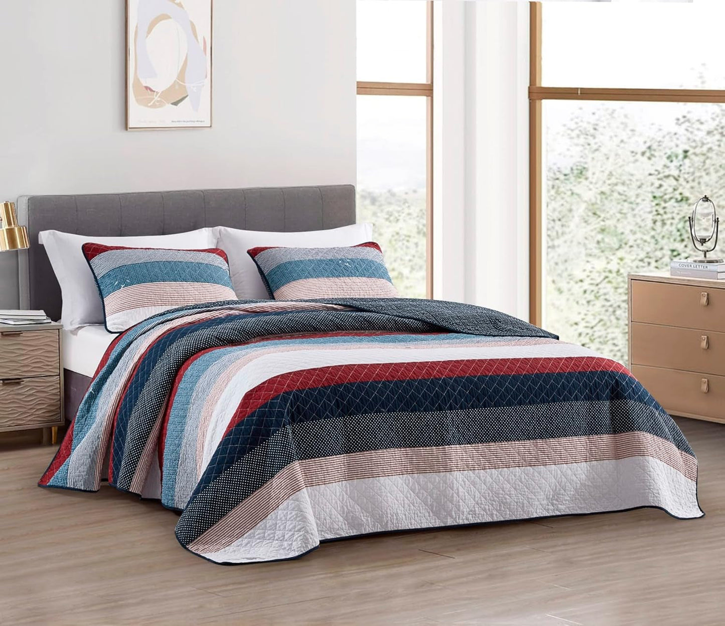 Chezmoi Collection Addy Patchwork-dekbedset Katoen Voorgewassen Lichtgewicht Omkeerbaar Alle seizoenen Oversized 3-delig Marine Wit Grijs Taupe Geruite quilts en quilts Naty Shop Modern Patchwork Gestippeld Koning
