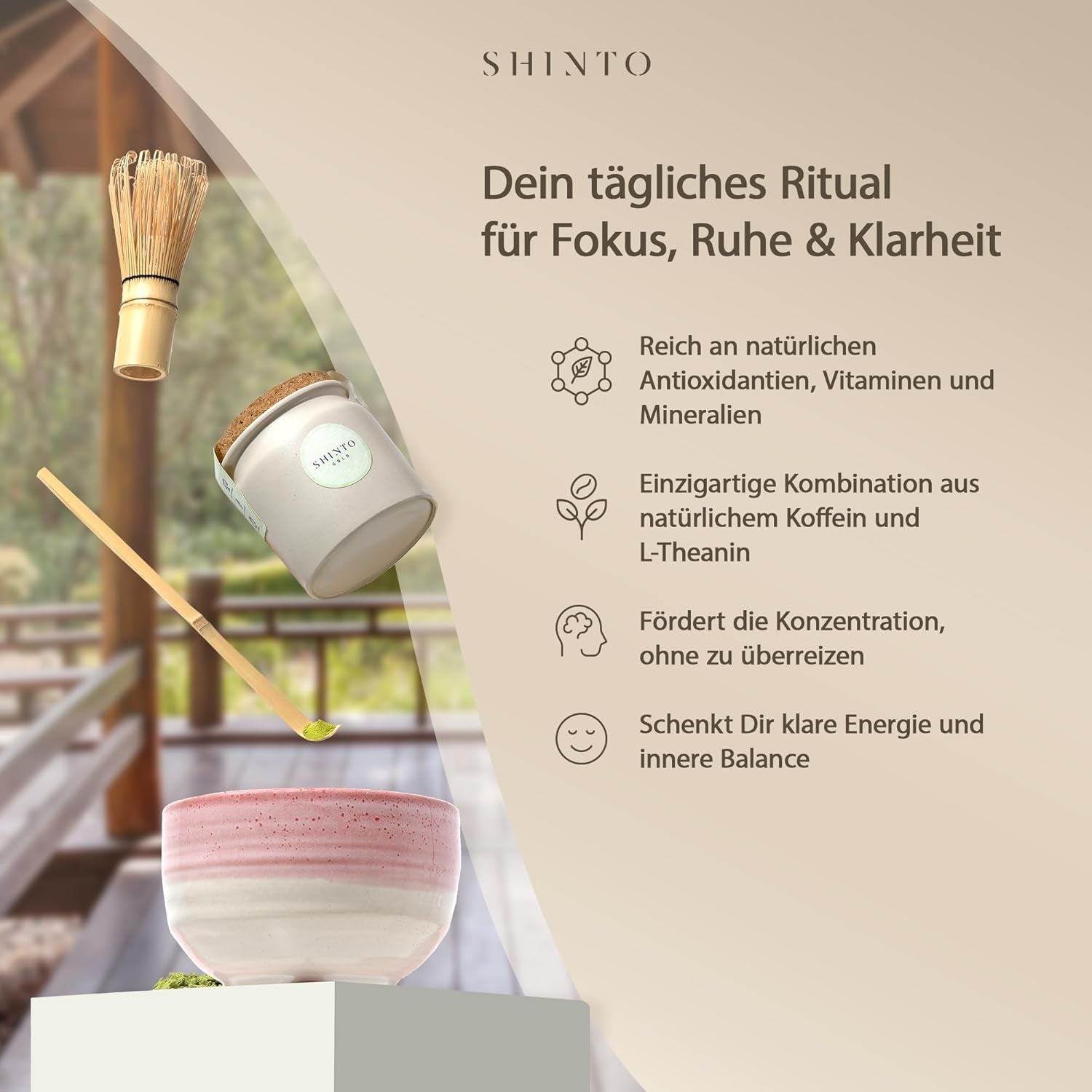 Shinto - "Gouden" biologische Matcha-thee - Groene theepoeder van ceremoniële kwaliteit - JAS & EU BIO gecertificeerd - Schaduwrijk en met de hand geplukt - Directe import uit Uji, Japan - 30g