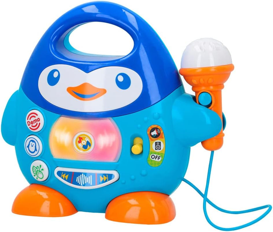 WinFun karaoke-muziekspeler, pinguïn-design, met zwaailichten en echo-effecten, in blauw, speelse stijl, USB-aansluiting Babyspeelgoed Naty Shop