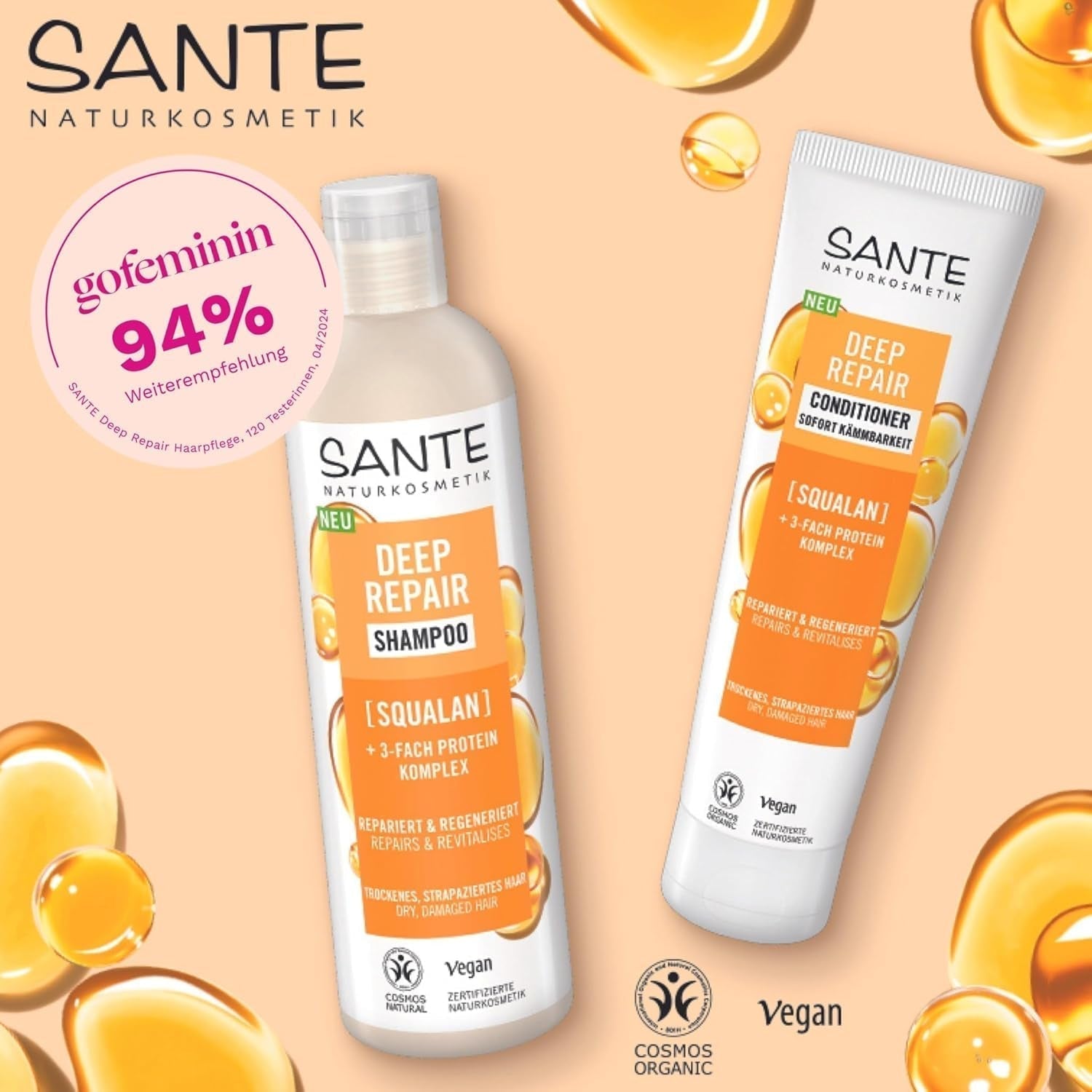 SANTE Natural Cosmetics Deep Repair Mask Squalane + 3x proteïnecomplex, veganistisch haarmasker voor intense hydratatie en flexibel haar, herstelt en regenereert beschadigd haar, 150 ml Naty Shop Haarmasker