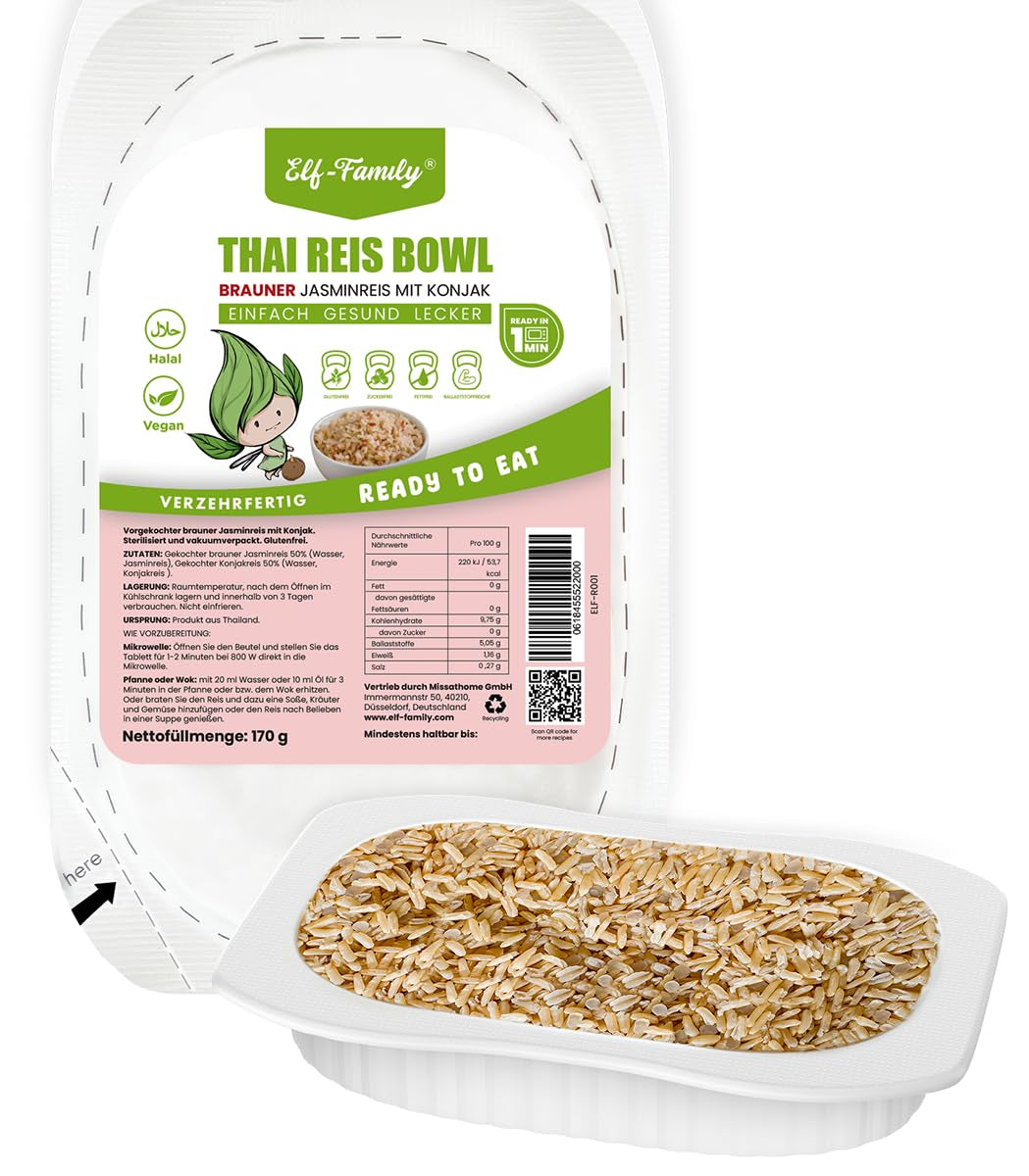 Elf-Family Konjak Reis Thai Brauner Shirataki Bowl -[Diätbox voor 1 Wo.] - Instant Jasmin Reis - Fertiggerichte voor Mikrowelle - Natürlich Superfoods Mikronährstoffe - Vegan/Low Carb/Fettfrei- 6er Box