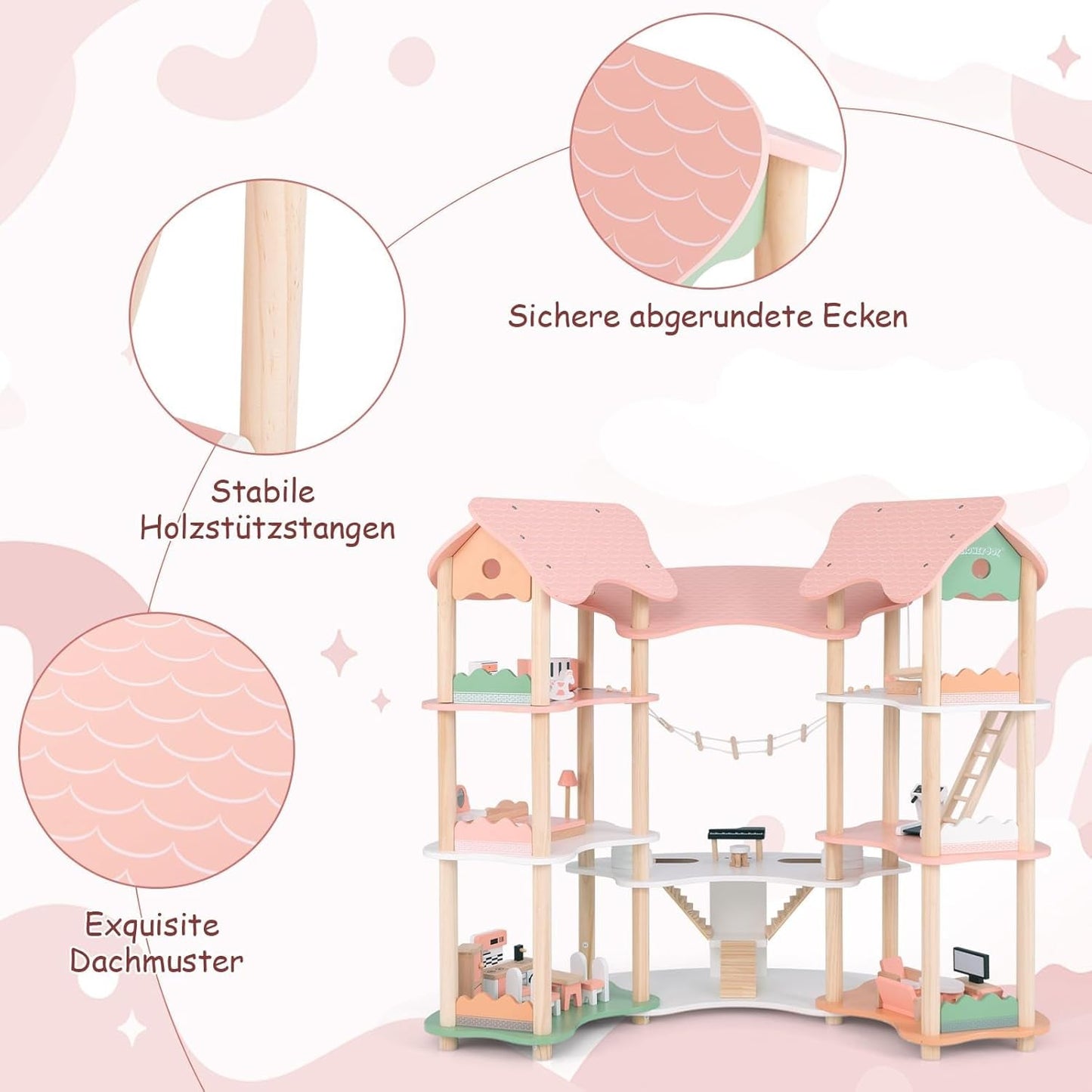 FANTASK houten poppenhuis, 85 cm hoog poppenhuis met 7 kamers en 32 meubels en accessoires, poppenhuis met touwladder, poppenhuiscadeau voor meisjes van 3 jaar oud (model 3) Naty Shop Dollhouses