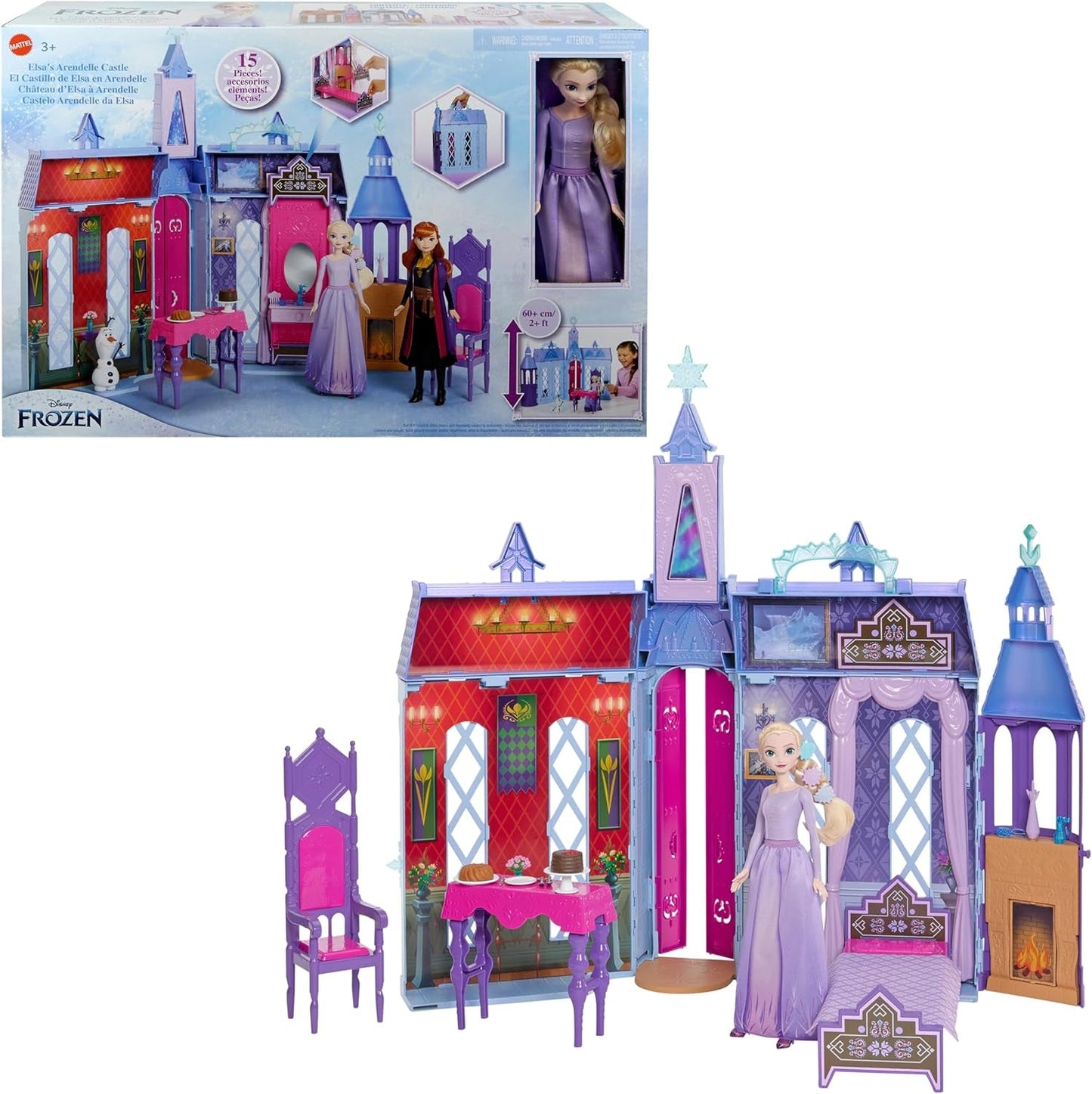 Mattel Disney Frozen - Kasteel Arendelle poppenhuis (60 cm+) met Elsa pop, 4 speeltuinen en 15 Disney Frozen II meubels en accessoires, HLW61