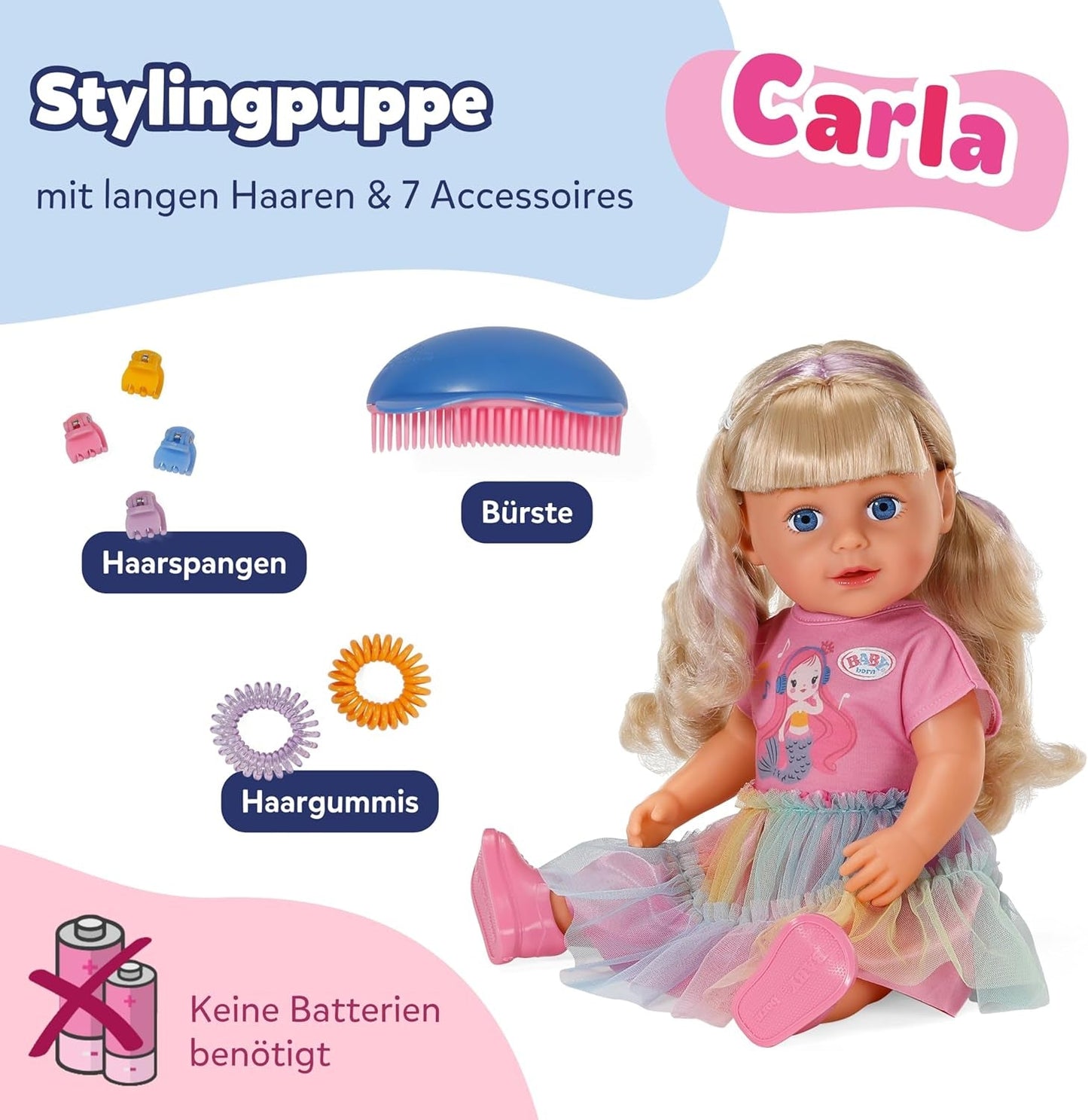 BABY born Carla - pop 43 cm - hoge kwaliteit blond haar met lokken - geen batterijen nodig - geschikt voor kinderen vanaf 4 jaar - inclusief 7 accessoires, roze