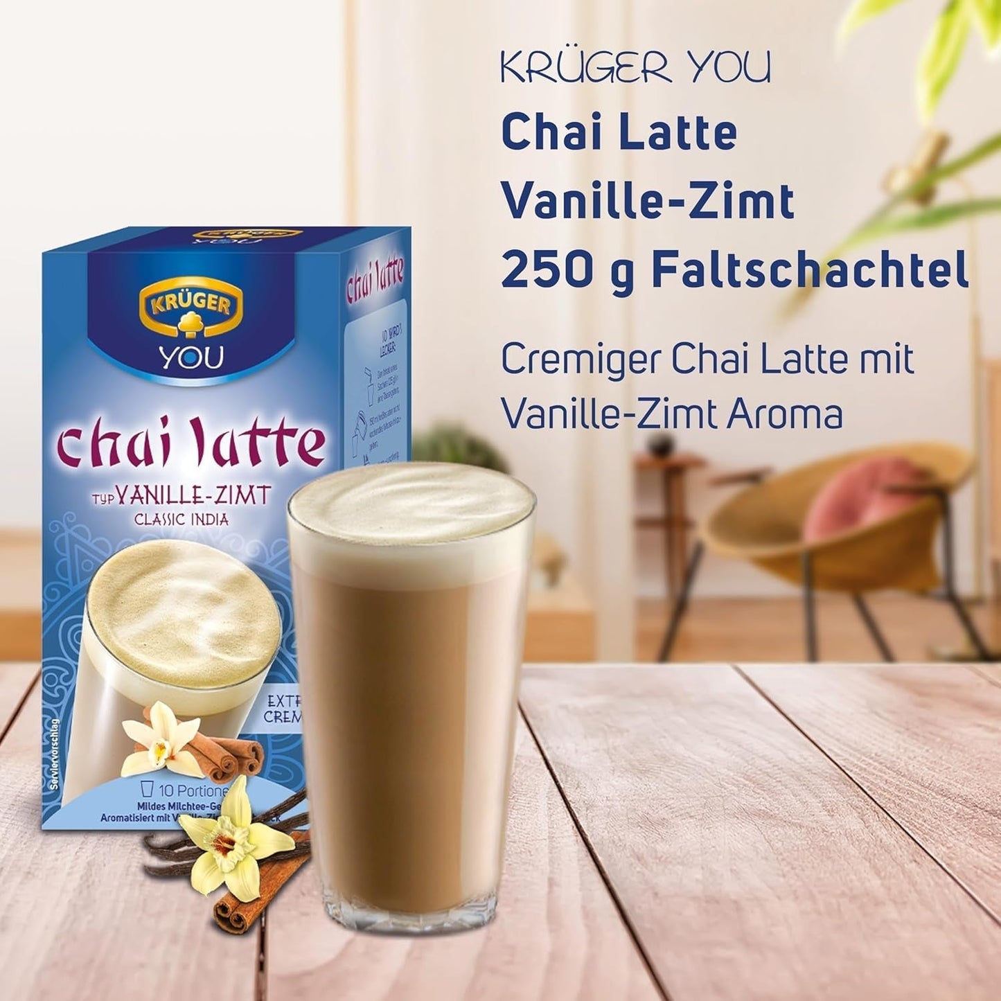 KRÜGER YOU Chai Latte Vanille Kaneel, instantbereiding voor melkdranken, op smaak gebracht met vanille en kaneel, 250 g (10 zakjes van 25 g)