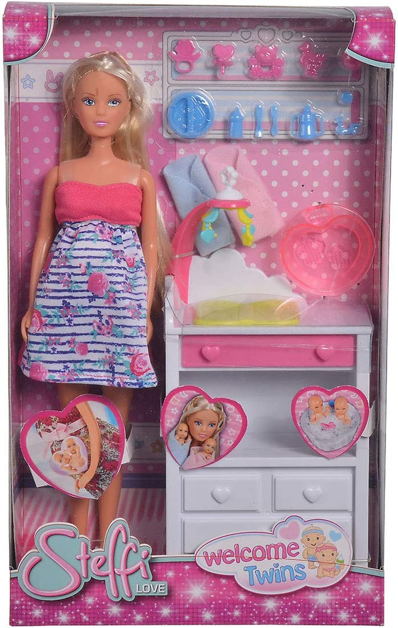 Simba 105733333 - Steffi Love Welcome Tweeling, Zwangere pop, Met tweeling, Met commode en badkuip, Accessoire, Aankleedpop, 29Cm, Voor kinderen vanaf 3 jaar Poppen Naty Shop