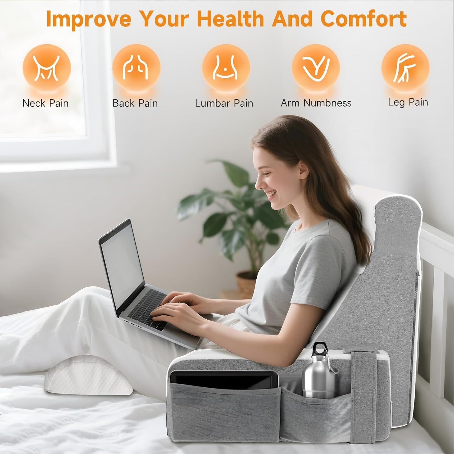 Groot leeskussen met afneembare neksteun en armleuningen, rugkussen voor bed, ergonomisch rugkussen met arm, zak en wasbare hoes voor lezen en tv kijken.