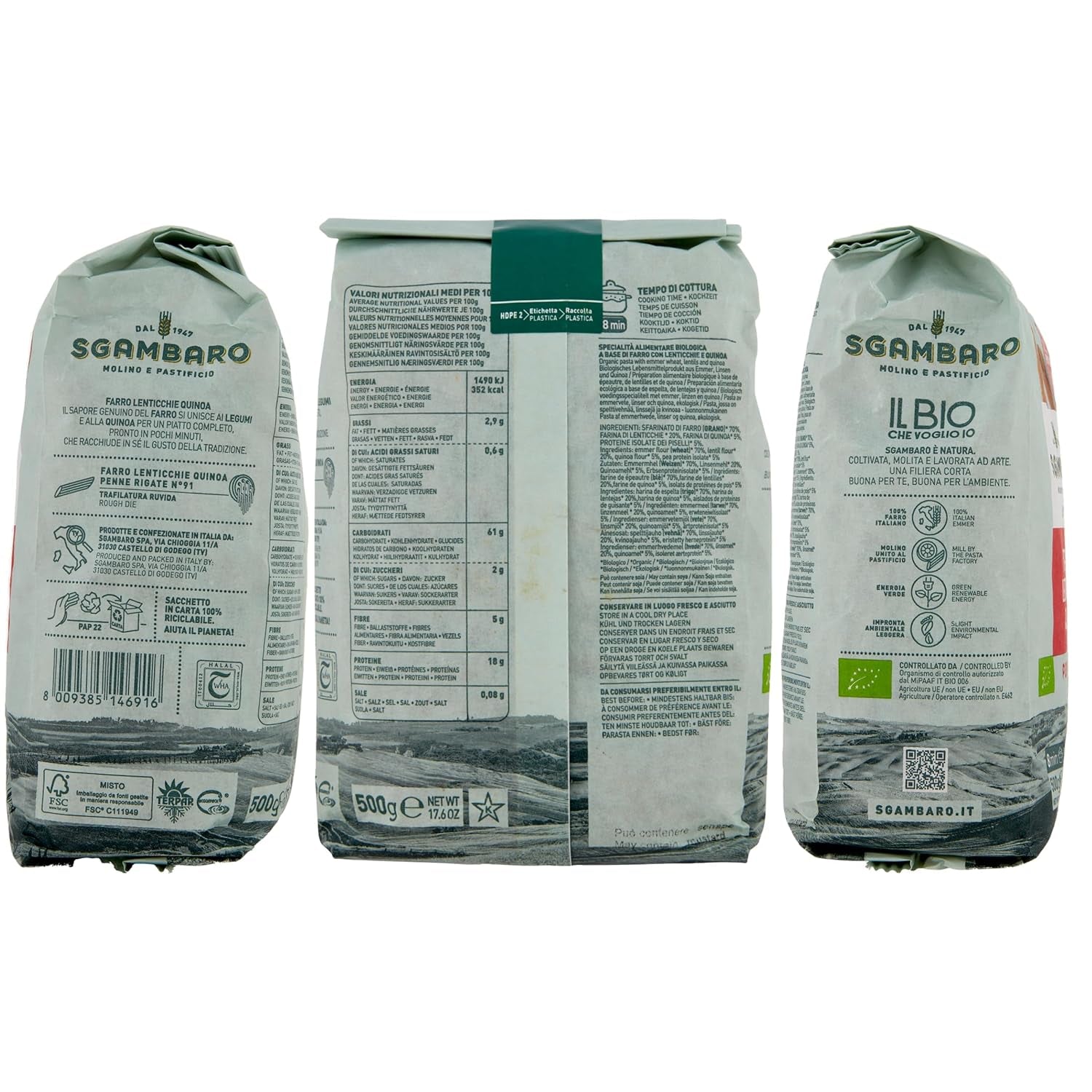 Biologische Penne Rigate Pasta N.91 - 500g met speltmeel, linzenmeel en quinoameel - Rijk aan eiwitten, bron van vezels en eiwitten