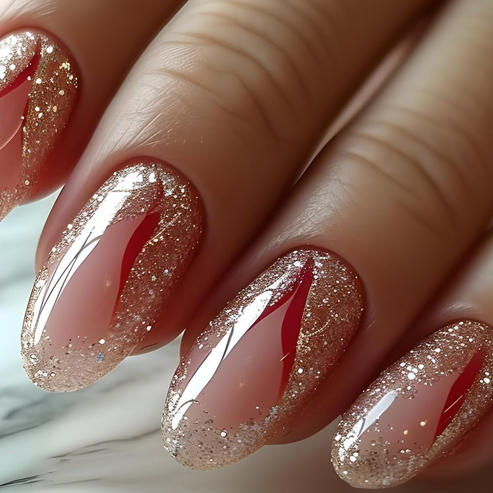 24 Stuks Korte Druk Op Nagels Goud Glitter Nep Nagels Lijm Op Rode Swirl Lijm Nagels Set Acryl Nagels Vrouwen accessoires