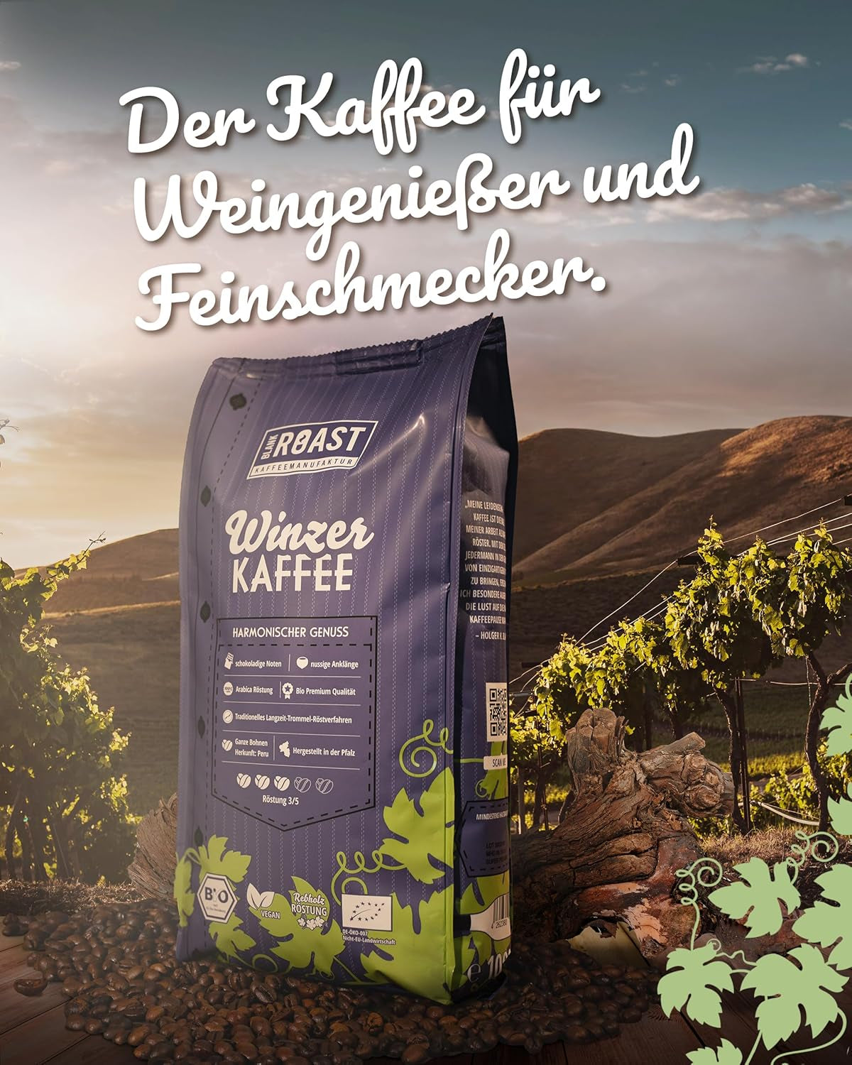 Blank Roast - BIO Winzer Kaffee 1000g - schonend mit Pfälzer Rebholz geröstet - ganze Kaffee-Bohnen aus Peru - 100% Arabica Röstung - schokoladig & nutig - säurearm
