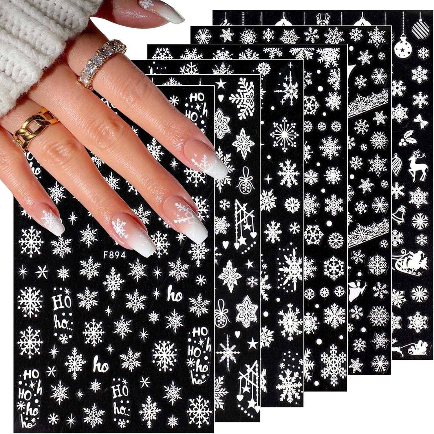 JMEOWIO Nagelsticker Weihnachten 8 Blatt Nagelaufkleber Selbstklebend Weiße Schneeflocken Winter Nail Art Sticker Decoratie Nageldesign Zubehör