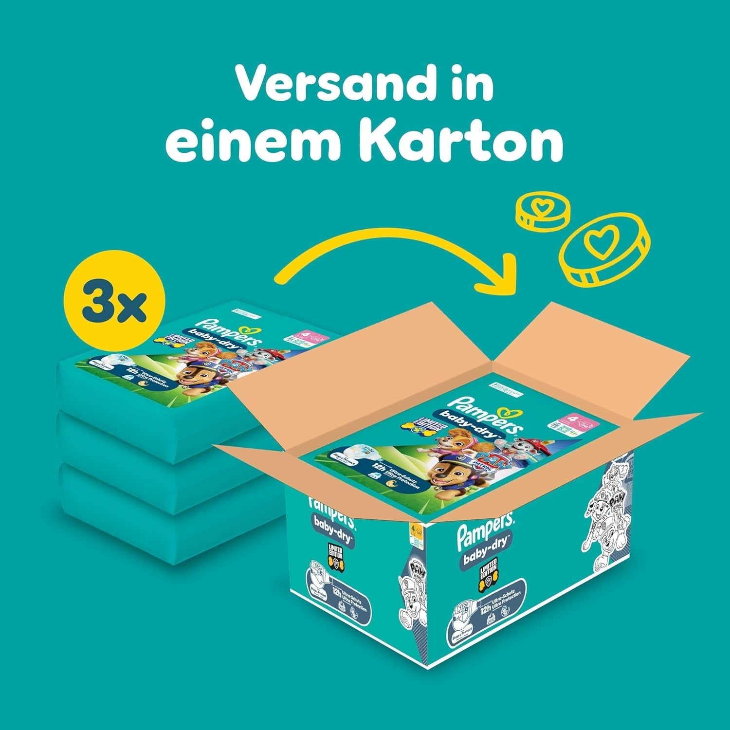 Pampers Baby-Dry Puppy Patrol Edition luiers, maat 4, 222 luiers, 9kg - 14kg, tot 100% lekbescherming en de hele nacht comfort