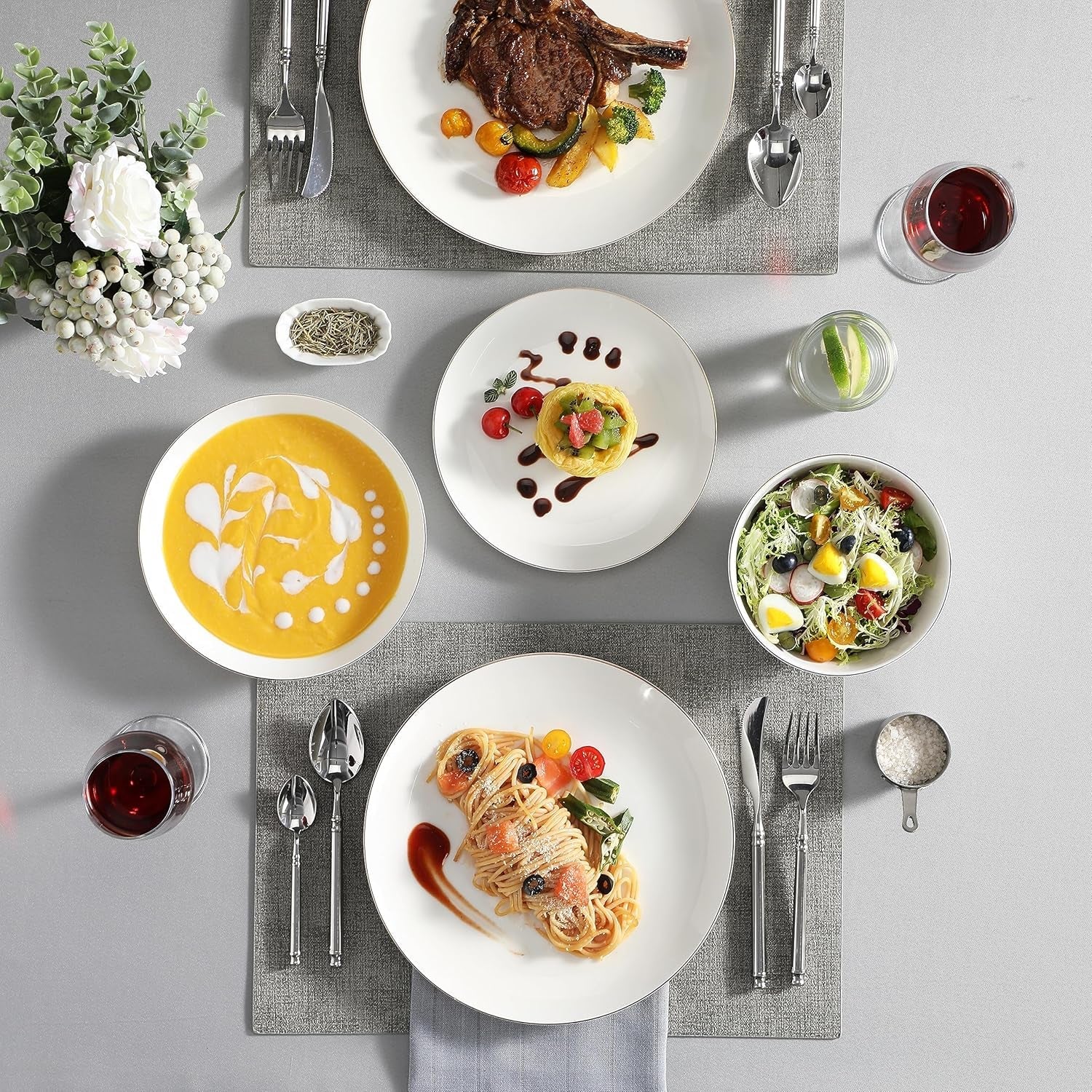 MALACASA 4-persoons serviesset Bone China 16-delige serviesset rond wit met gouden rand Combinatieset van 4 dinerborden, 4 dessertborden, 4 Suma-borden en 4 ontbijtgranenschalen NORI-serie