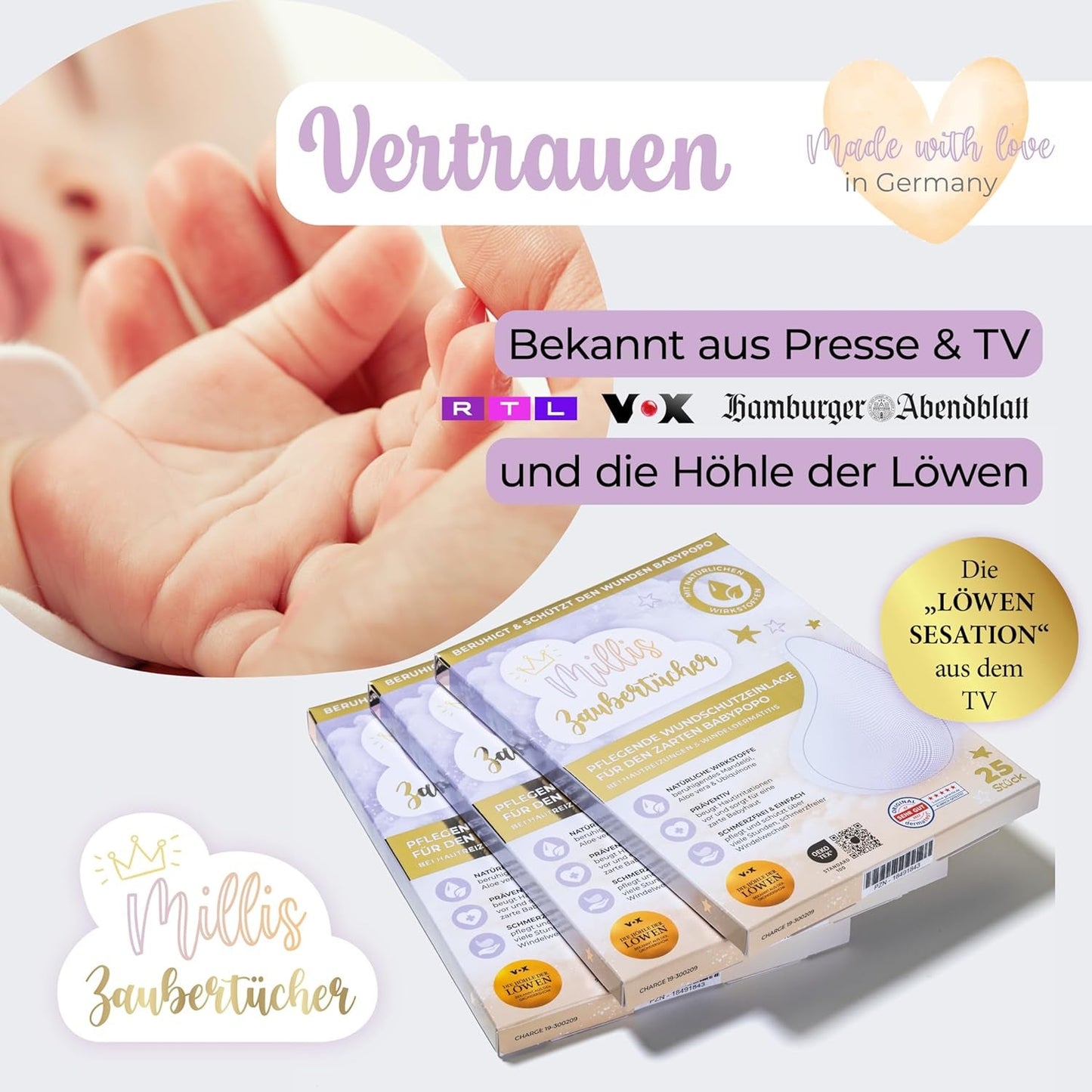 Millis Zaubertücher bei Windeldermatitis Baby, Bekannt aus "Die Höhle der Löwen", 25 Tücher (1 x 25er) met Aloë Vera, Mandelöl & Q10 - Pflegt, Schützt & dient als Wundschutz bei gereizter Haut