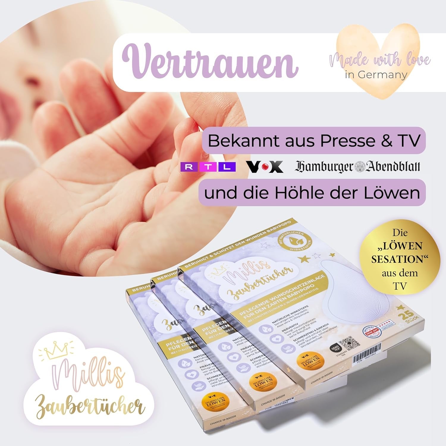 Millis Zaubertücher bei Windeldermatitis Baby, Bekannt aus "Die Höhle der Löwen", 25 Tücher (1 x 25er) met Aloë Vera, Mandelöl & Q10 - Pflegt, Schützt & dient als Wundschutz bei gereizter Haut
