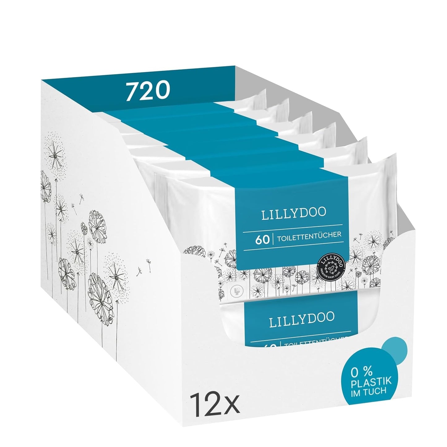 LILLYDOO Toiletdoekjes 720 stuks (12 x 60) 100% plasticvrij Doorspoelbare doekjes Geurvrij