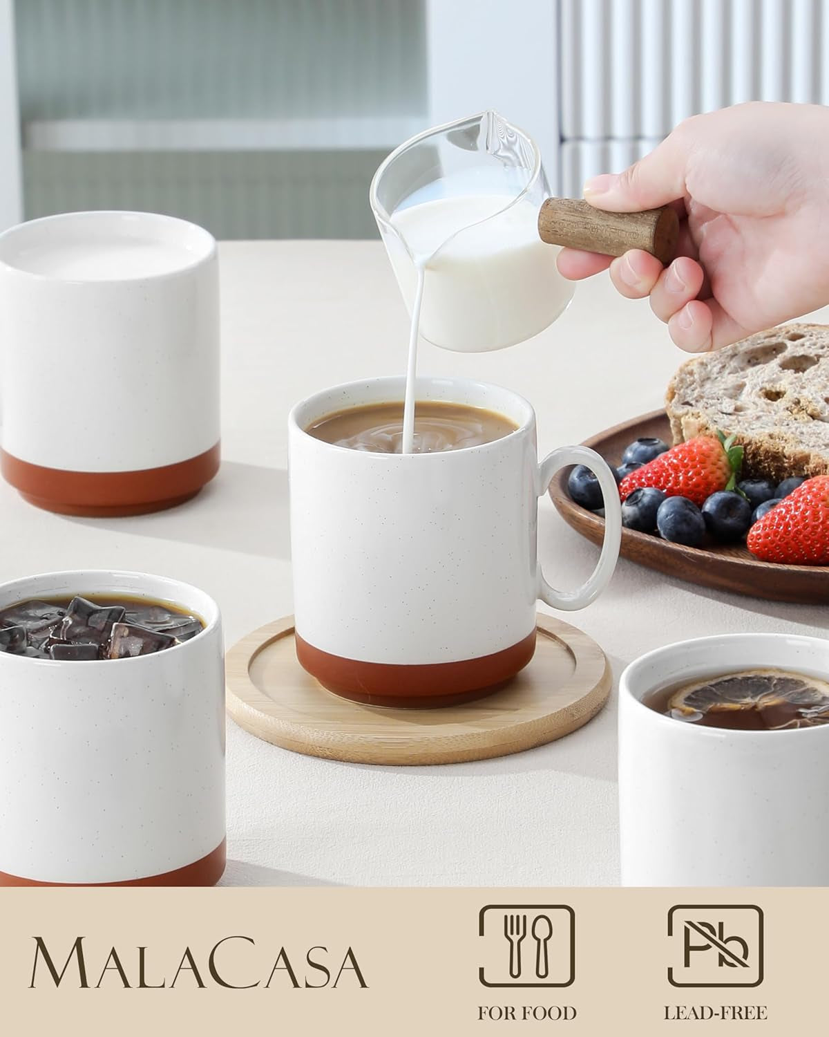 MALACASA koffiemokkenset, steengoed mokkenset van 350 ml voor 4 personen, moderne koffiemokken voor thee, sap, latte, cappuccino, warme chocolademelk. Vaatwasmachine- en magnetronbestendig, TARA serie, kaki wit