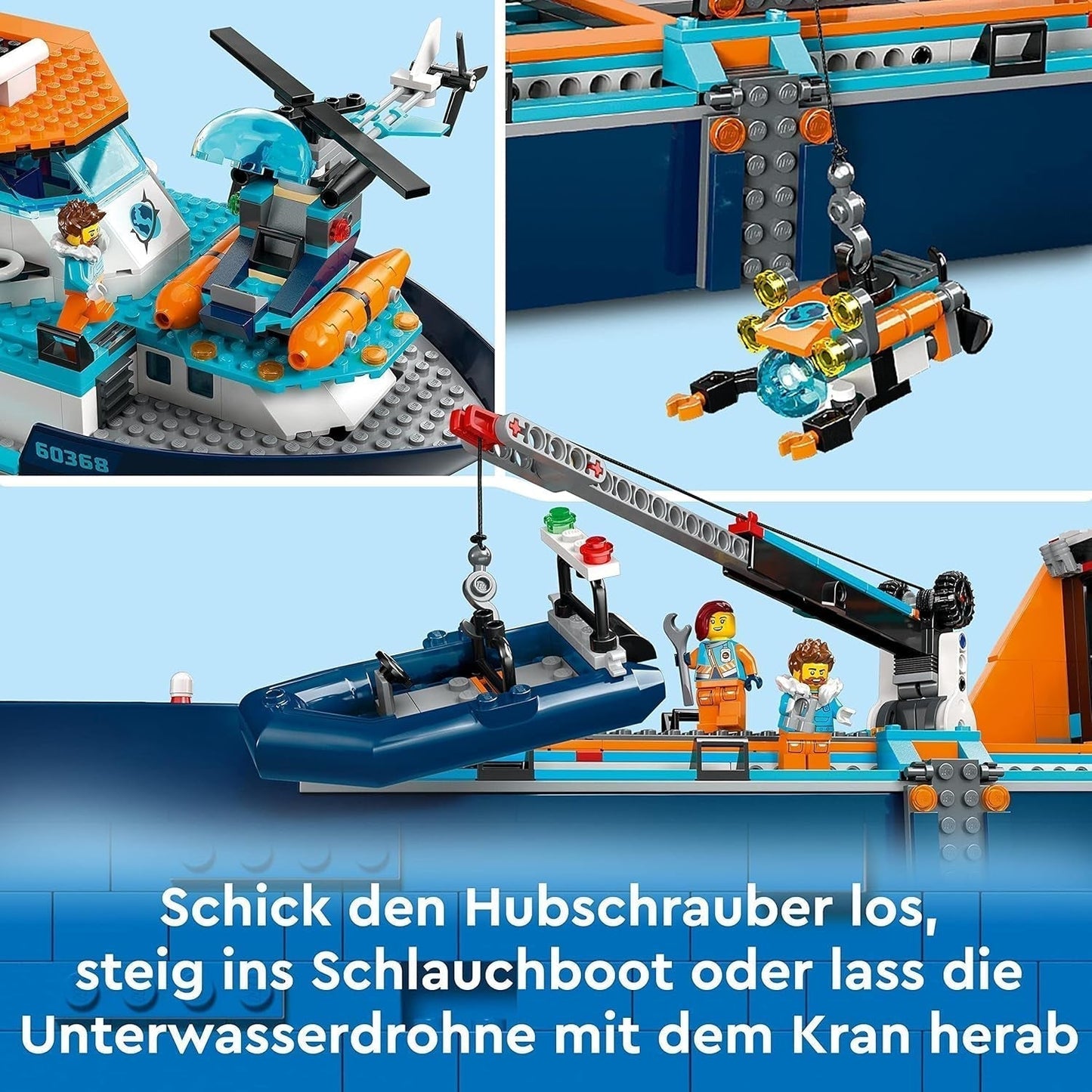 LEGO City Poolonderzoeksschip, grote drijvende speelgoedboot met helikopter, opblaasbare boot, Rov-onderzeeër, Vikingwrak, 7 minifiguren en orkafiguur, cadeau voor kinderen vanaf 7 jaar 60368 Bouwsets Besuche in LEGO-Store
