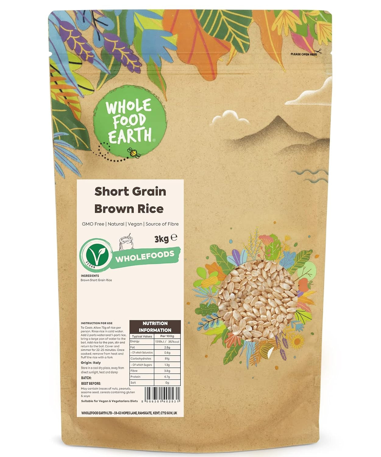 Wholefood Earth kortkorrelige bruine rijst - non-GMO - natuurlijk - vegan - zuivelvrij - geen toegevoegde suikers, 3 kg