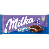 Milka Oreo Sandwich – Alpenmelkchocolade, gevuld met knapperige stukjes Oreo-koekjes en zachte vanillecrème – 92g
