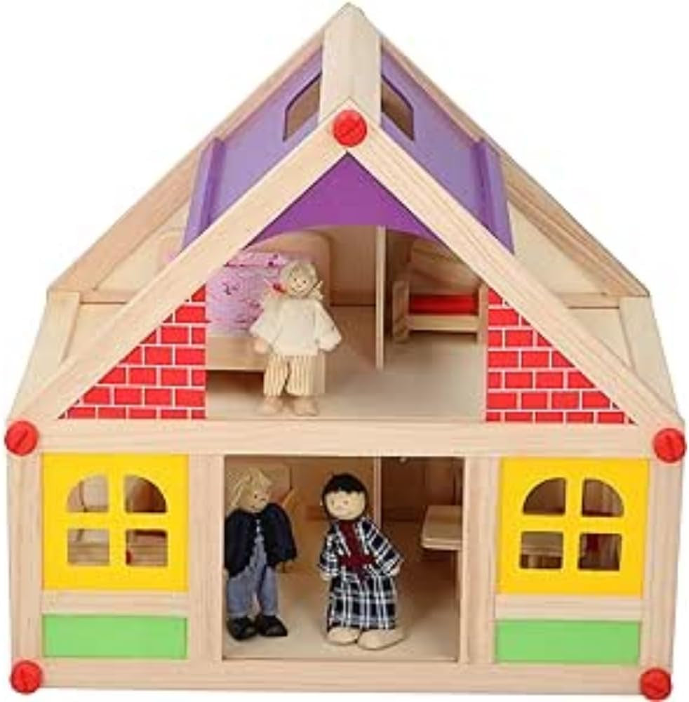 Houten marionetspeelgoed - Houten poppenhuis met meubels en poppen - 11 stuks Poppenhuizen Naty Shop Standaardtitel