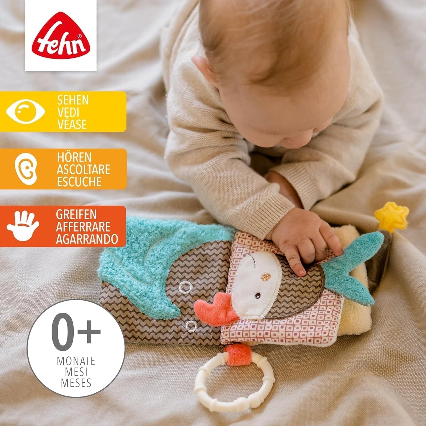 Fehn Zacht prentenboek Bruno - zacht boekje voor baby's van stof met dierenmotieven - speelgoedboek van stof om op te hangen voor kinderwagens en autostoelen - boek met vuurwerk voor baby's en kinderen vanaf 0+ maanden Babyspeelgoed Naty Shop