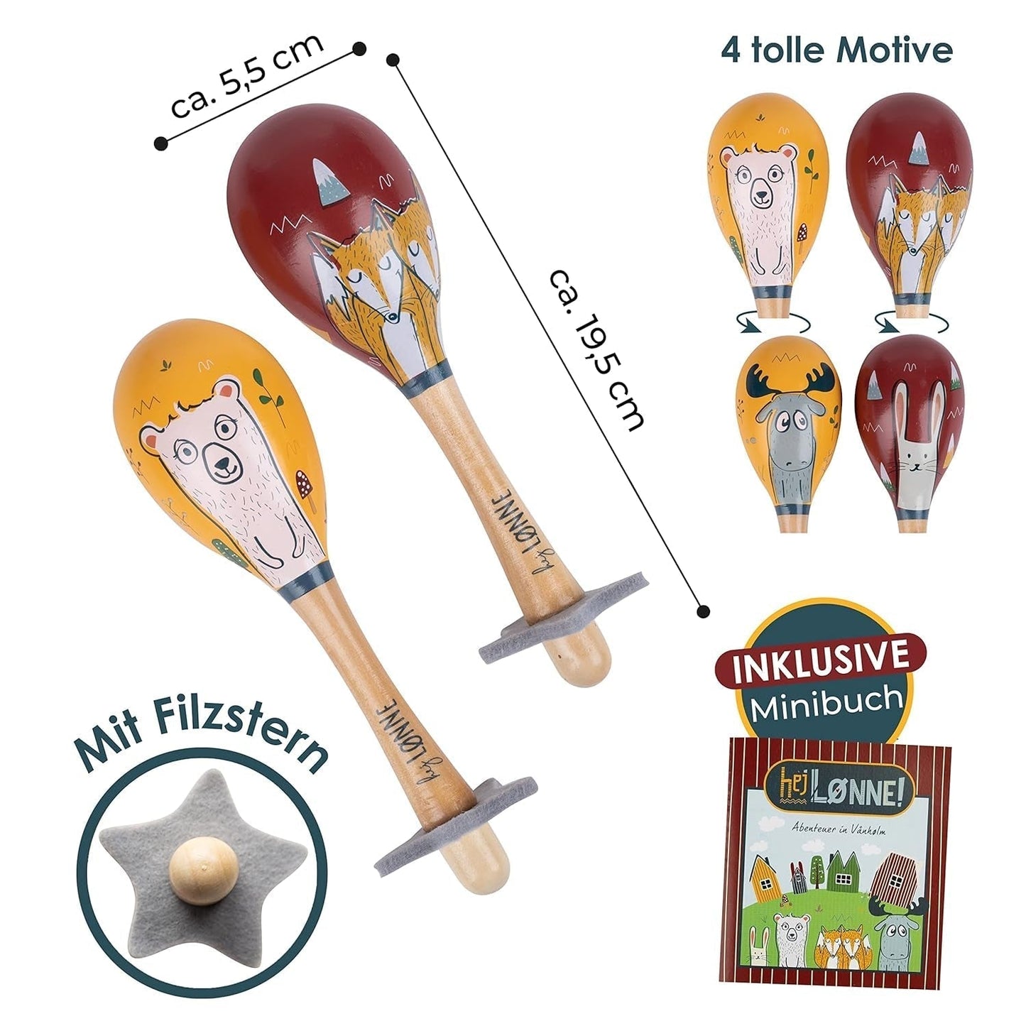 HEJ LØNNE set van 2 houten bellen - Kindermaracas - houten muziekinstrument ter bevordering van de motoriek, coördinatie en sociaal gedrag - houten bel voor kinderen - kinderspeelgoed Speelgoed Bebe Naty Shop