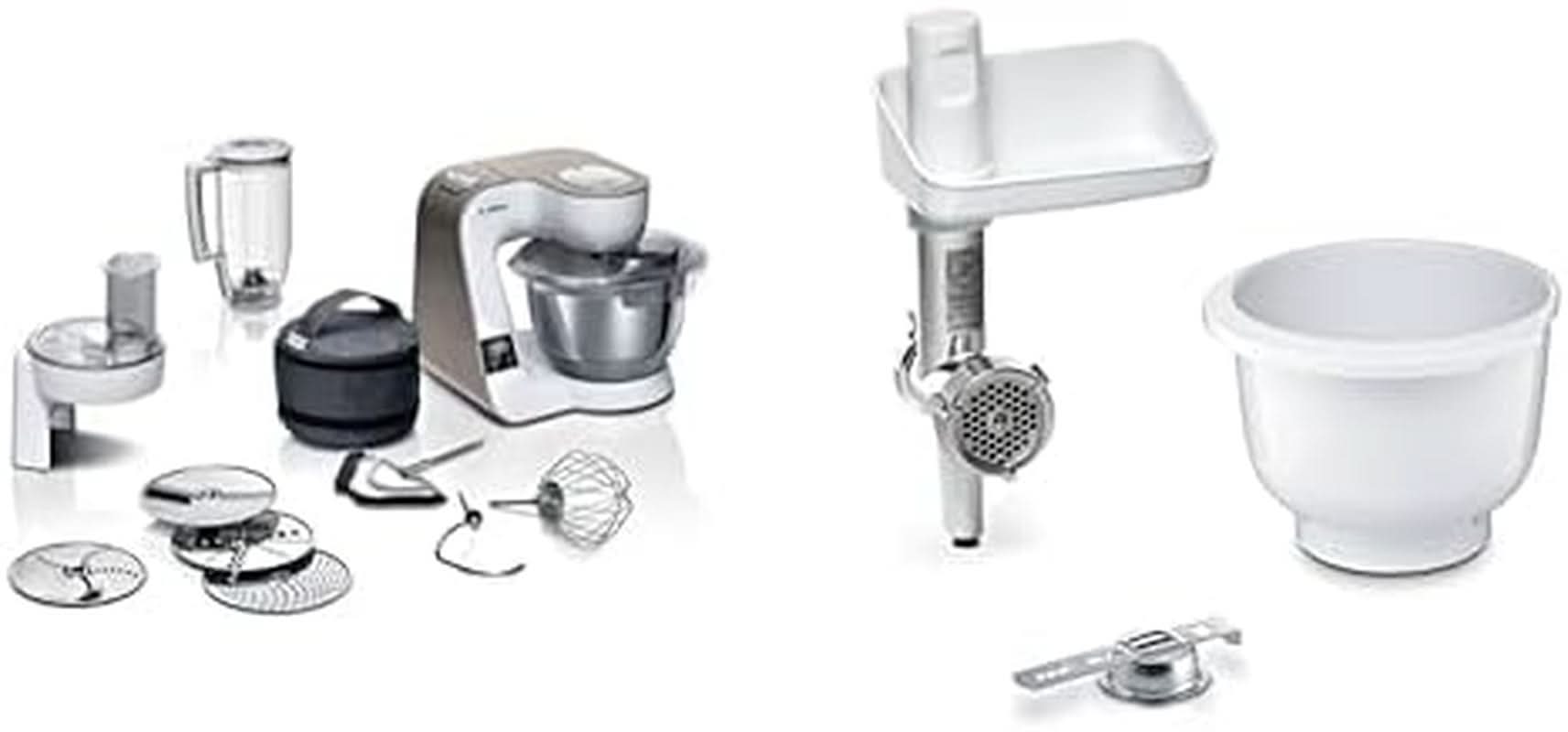 Bosch Series 4 MUM5X720 keukenmachine, geïntegreerde weegschaal, roestvrijstalen kom 3,9L, mixer 1,25L, 1000W Accessoires Voeding en borstvoeding Baby Naty Shop Bundel met Bakingsensation Wit Champagne 2 accessoires