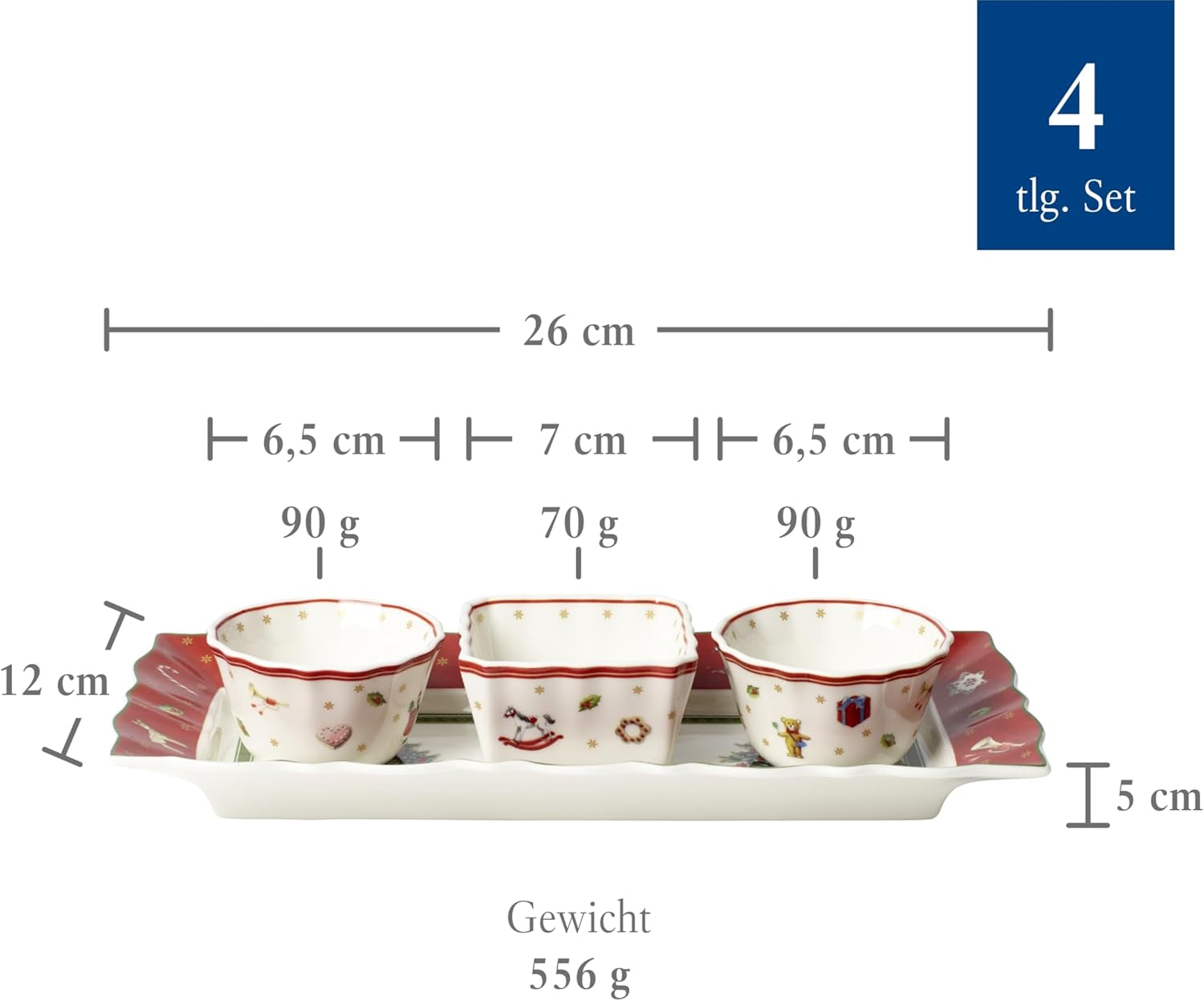 Villeroy & Boch - Toy's Delight Jusset, 4-delig, Serveerschaal met Kommen, Kerstjuskomset, Speelgoedtafeldecoratie, Dienblad, Kommen, Kerstservies, Premium Porselein
