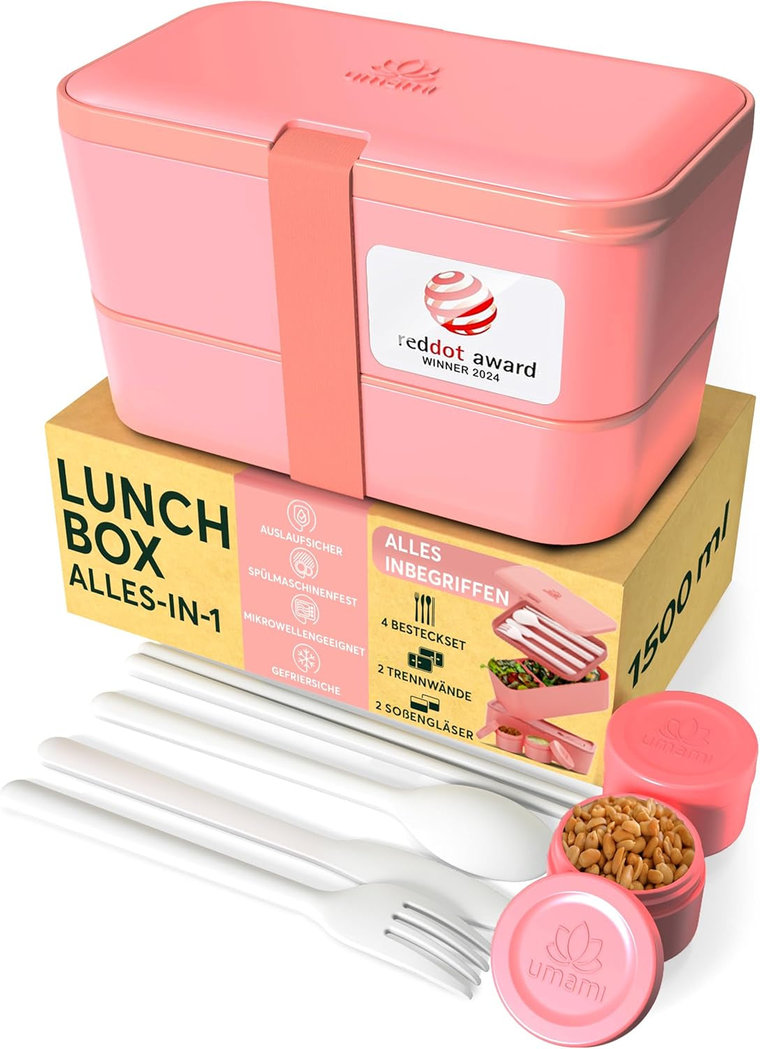 Umami lunchbox voor volwassenen, lekvrije stapelbare bentobox met 4 bestek en vakken, lunchbox voor volwassenen, saladecontainer voor onderweg, picknick-/kantoorlunchbox, houtskoolgrijs, 1500 ml