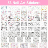 53 Blätter Nagelsticker, Nail Art Pinsel en decoratieset, 15 PCS Pinsel, 5 PCS Dotted Pennen, Strasssteine, Blattgold voor Nagelkunst, Nagel Pailletten, Nagelkunstwerkzeuge en decoratiesets