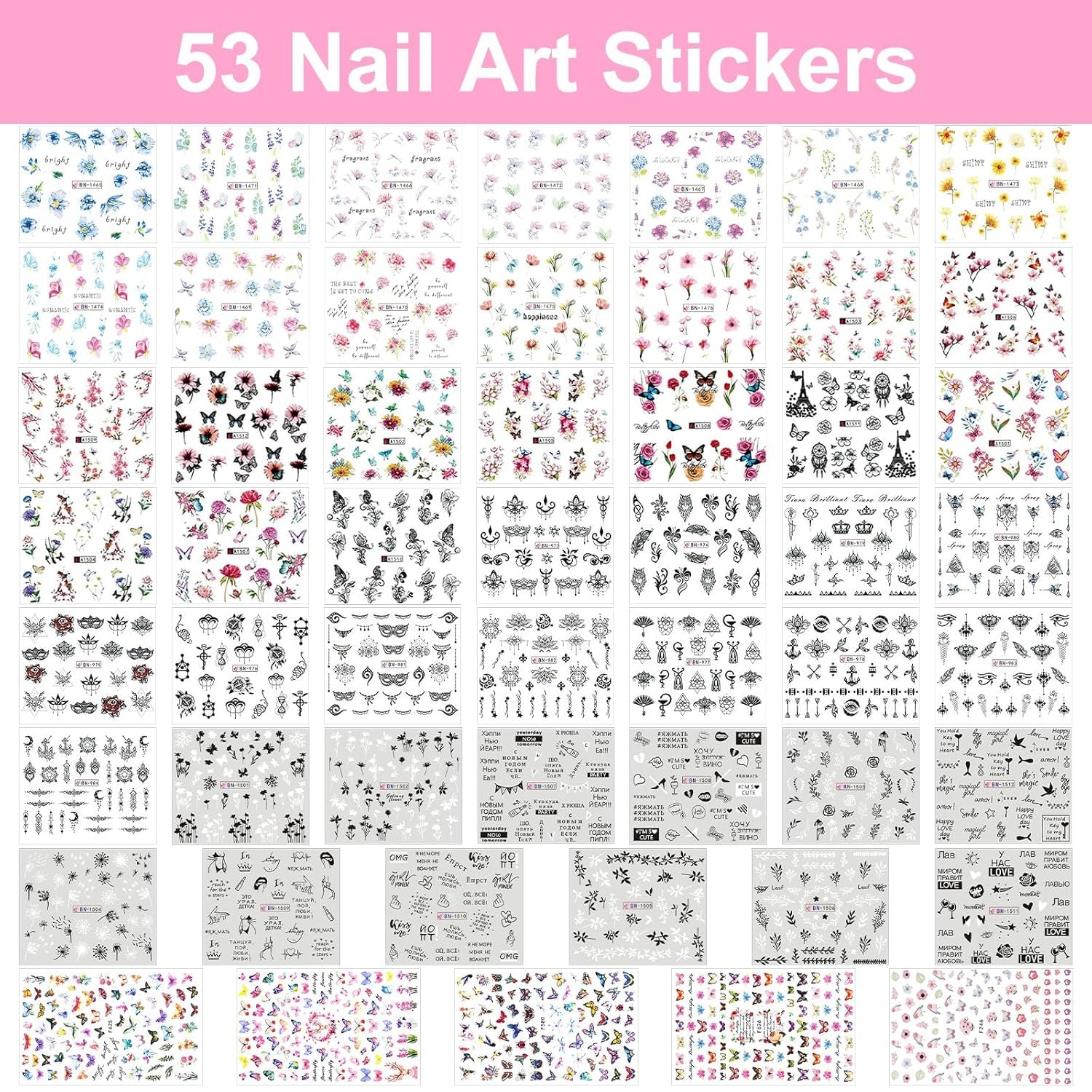 53 Blätter Nagelsticker, Nail Art Pinsel en decoratieset, 15 PCS Pinsel, 5 PCS Dotted Pennen, Strasssteine, Blattgold voor Nagelkunst, Nagel Pailletten, Nagelkunstwerkzeuge en decoratiesets