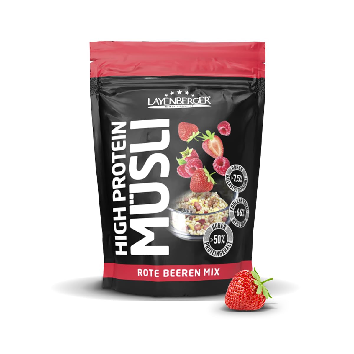 Layenberger 3K eiwitrijke muesli, 50% eiweiß en 18% kolenhydraat - enkel pakket (1X 390 G) - Schoko-Nuss Cereale Naty Shop 360 G (1Er-pakket) Rote Beeren Mix