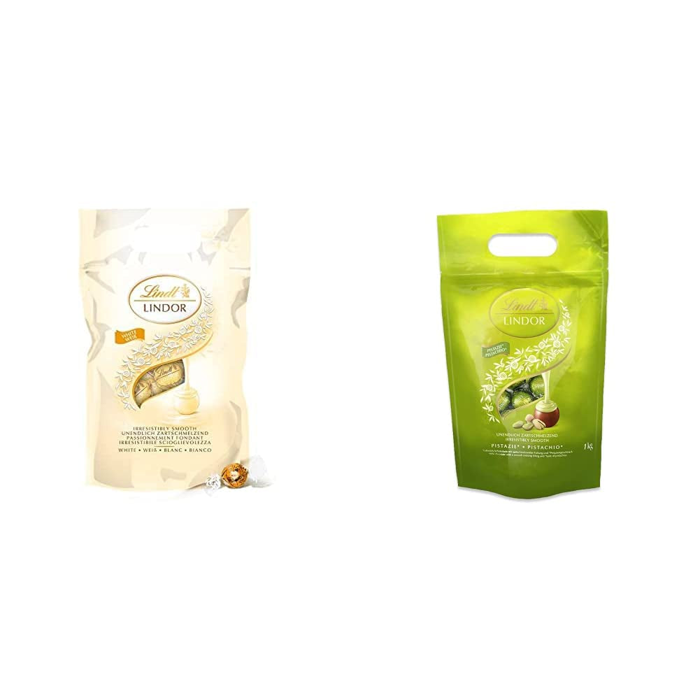 LINDOR witte chocoladebolletjes, 1 kg en LINDOR | Hersluitbare zak van 1 kg | ca. 80 melkchocoladebolletjes met muntvulling | Bulkverpakking, pralinegeschenk, chocoladegeschenk