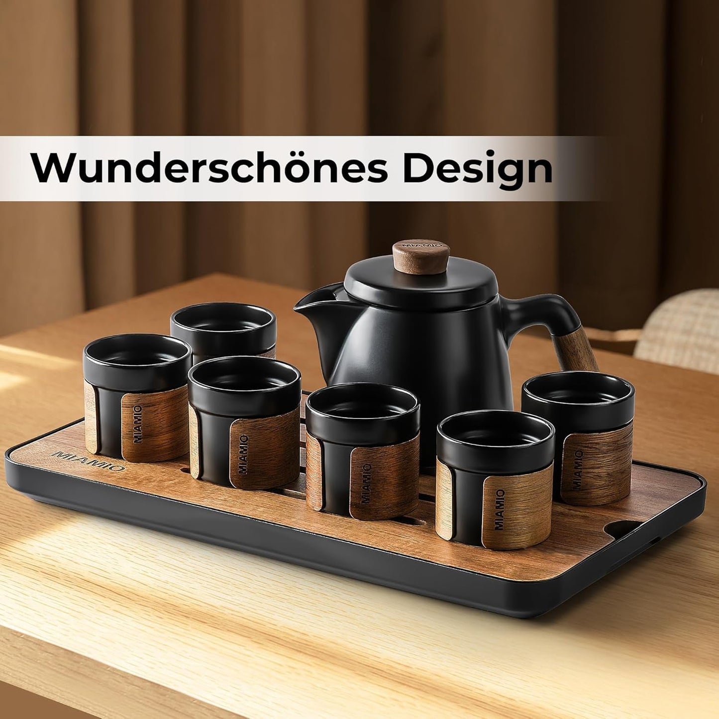 MIAMIO - Japans/Chinees theeservies 6 x 100 ml / Aziatische theepot 620 ml met thee-ei, traditionele Japanse theepotset voor theeliefhebbers/mannen/vrouwen (zwart)