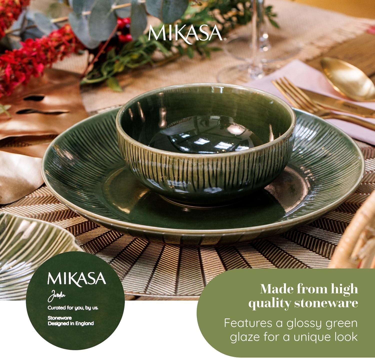 Mikasa Jardin 12-delige serviesset, 4-persoons aardewerk serviesset met borden, zijborden en schalen, groen - geschenkdoos en vaatwasmachinebestendig