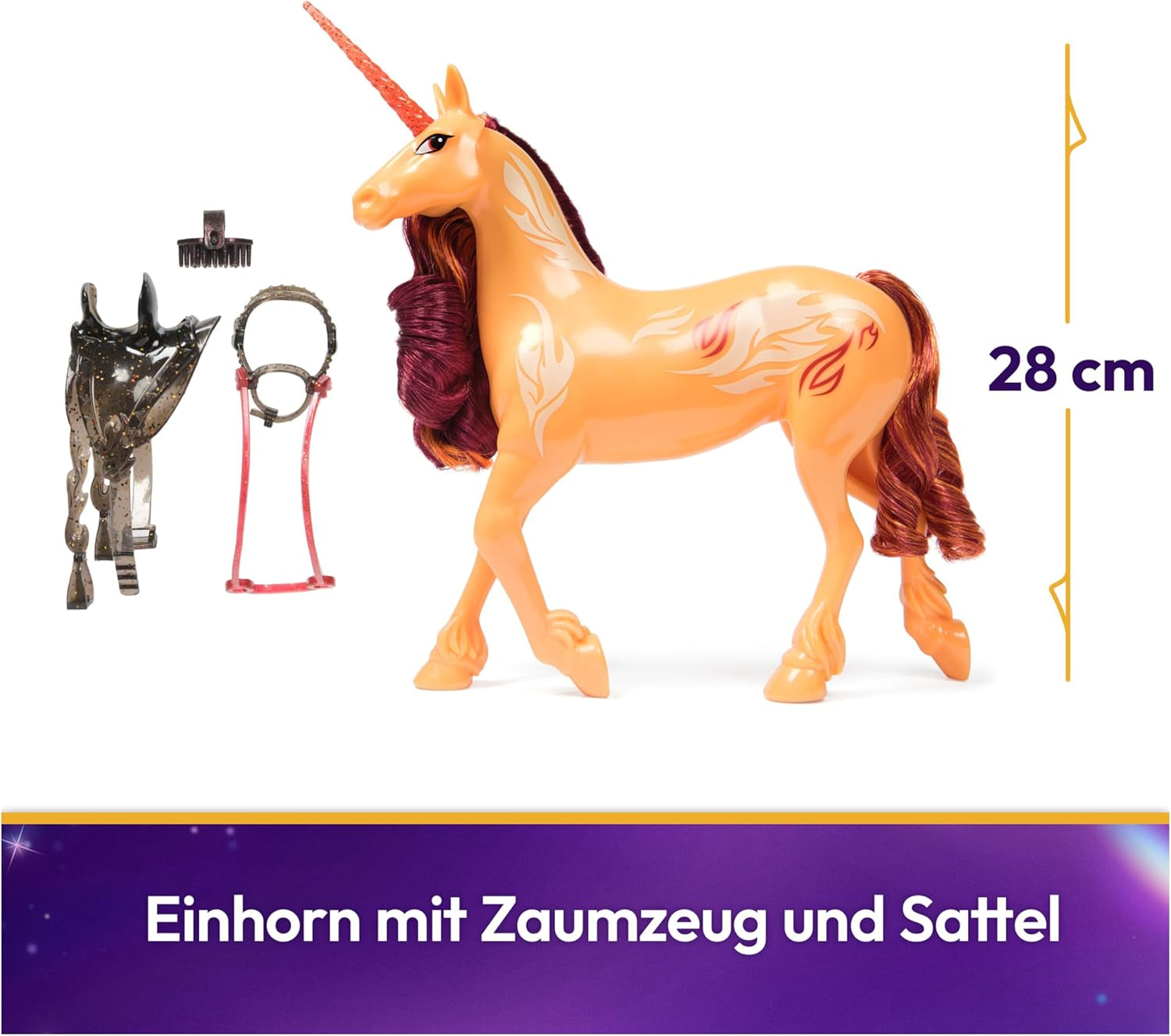 Unicorn Academy Cinder the Unicorn - 28 cm grote, originele Valentina eenhoorn uit de Netflix-serie, met echte manen en staart, afneembaar hoofdstel en zadel en borstel, voor kinderen vanaf 4 jaar