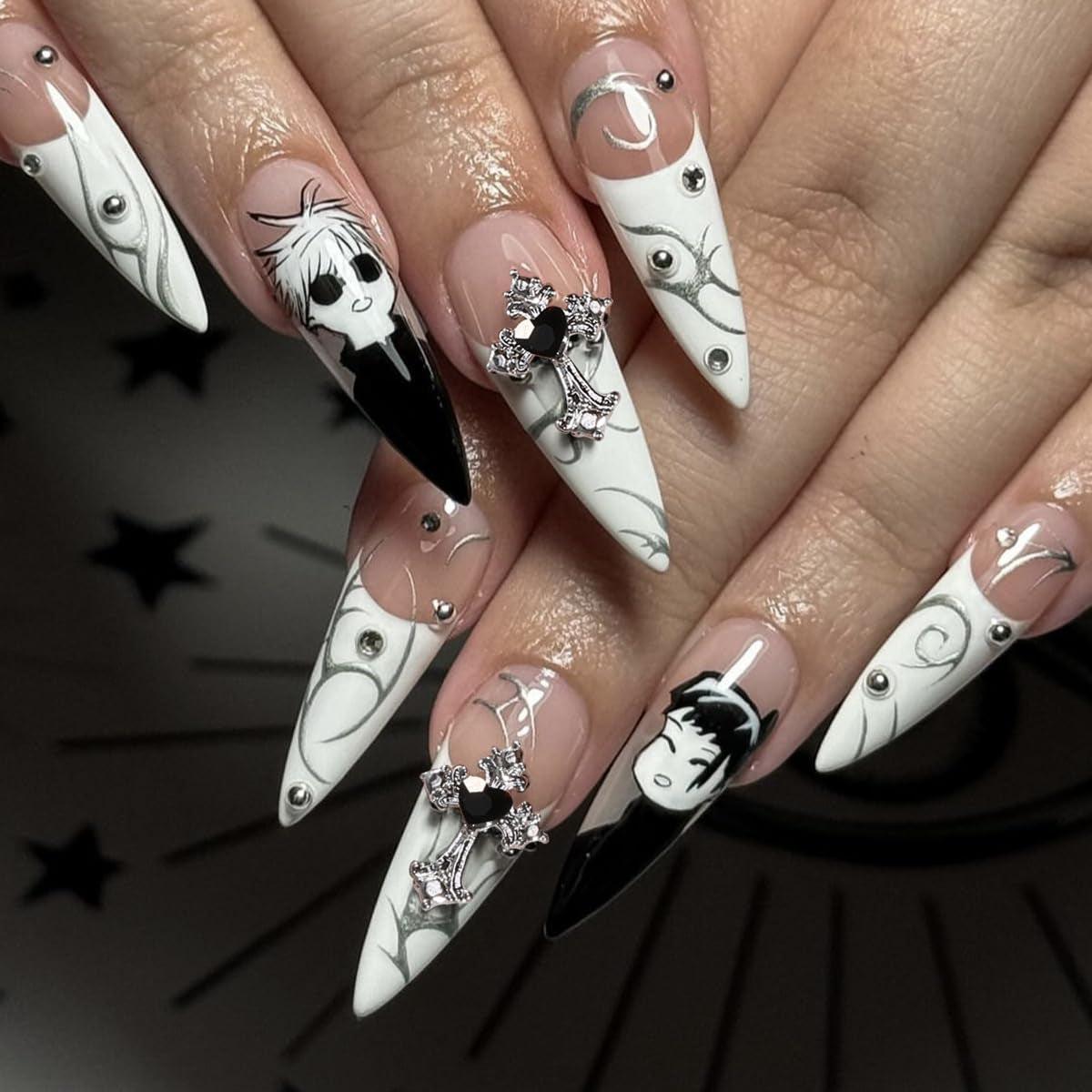 Mouyuglow Lange nagels Stiletto Melkwit Gradiënt Roze Glitter Cool Nepnagels met lijm Roze Ombre Glitter Kunstnagels