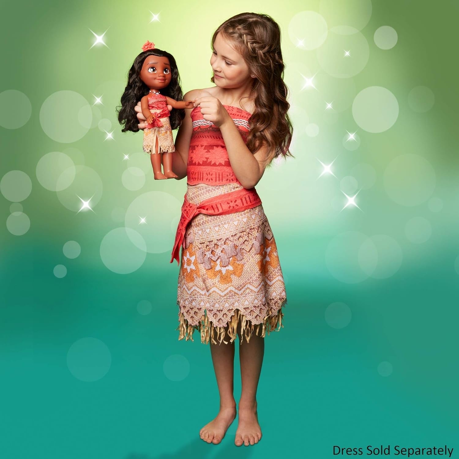 Disney Princess Moana pop van 35 cm, reflecterende glitterogen, beweegbare gewrichten, afneembare outfit, bloemenclip, lang haar, voor meisjes vanaf 3 jaar