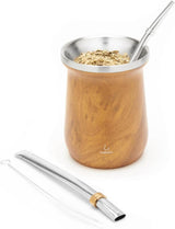 Yerba Mate balibetov theeservies (Mate cup) gemaakt van roestvrij staal met bombilla (rietje) voor mate, Gemakkelijk schoon te maken en zeer duurzaam Yerba Mate set (HOUT)