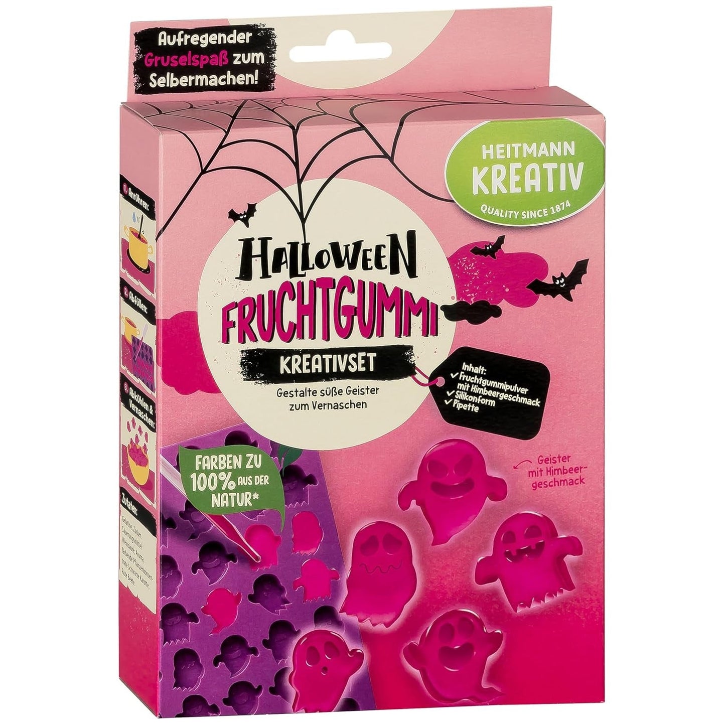 HEITMANN KREATIV - Creatieve Halloween-fruitkauwgomset - Plantaardige poederkleurstoffen - Roze - DIY Ghost Shape Fruitkauwgom met frambozensmaak