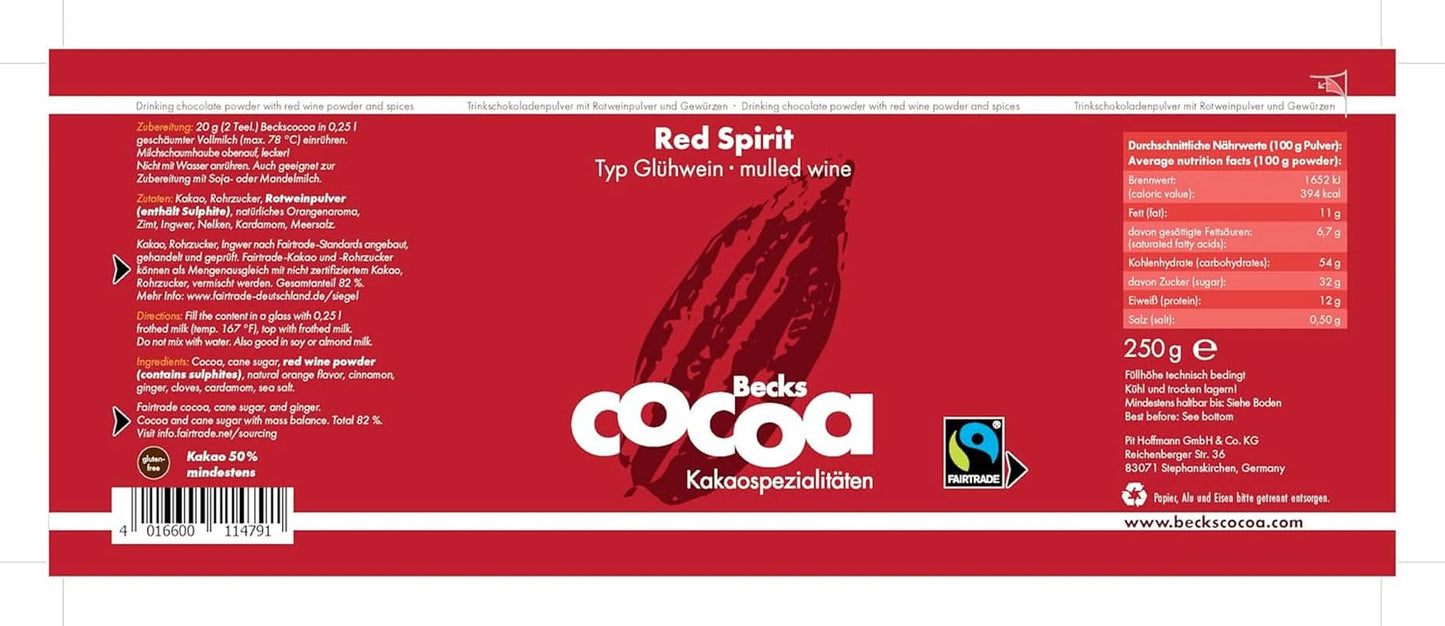 Red Spirit, fijne cacao op smaak gebracht met rode wijn, 250 gram cacao en warme chocolademelk Naty Shop