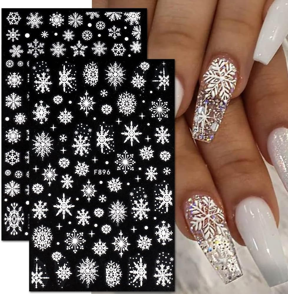 JMEOWIO Nagelsticker Weihnachten 8 Blatt Nagelaufkleber Selbstklebend Weiße Schneeflocken Winter Nail Art Sticker Decoratie Nageldesign Zubehör