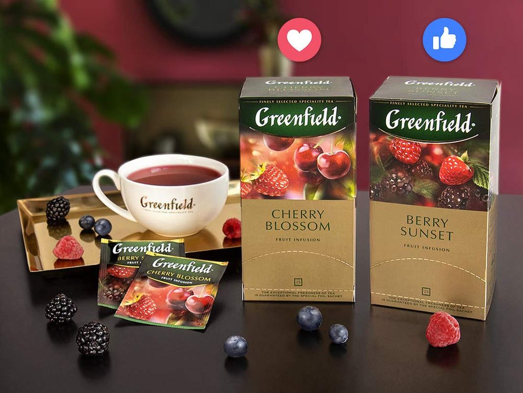 Greenfield kersenbloesem, hibiscus, rozenbottel, appel, framboos, braambes, theezakjes (2G X 25), 50G