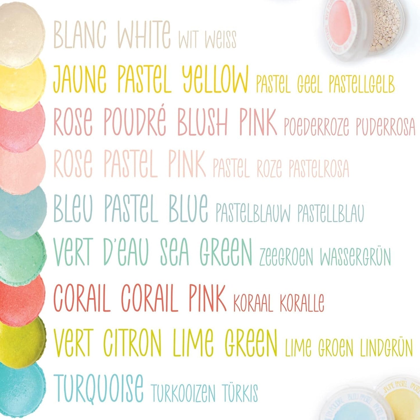 Scrapcooking - Set van 9 pastelkleurstoffen - Blauw, Geel, Koraal, Roze, Turkoois, Limoengroen, Wit, Aquagroen, Poederroze - Eetbare kleurpoeder voor cakes, muffins, macarons - 4272