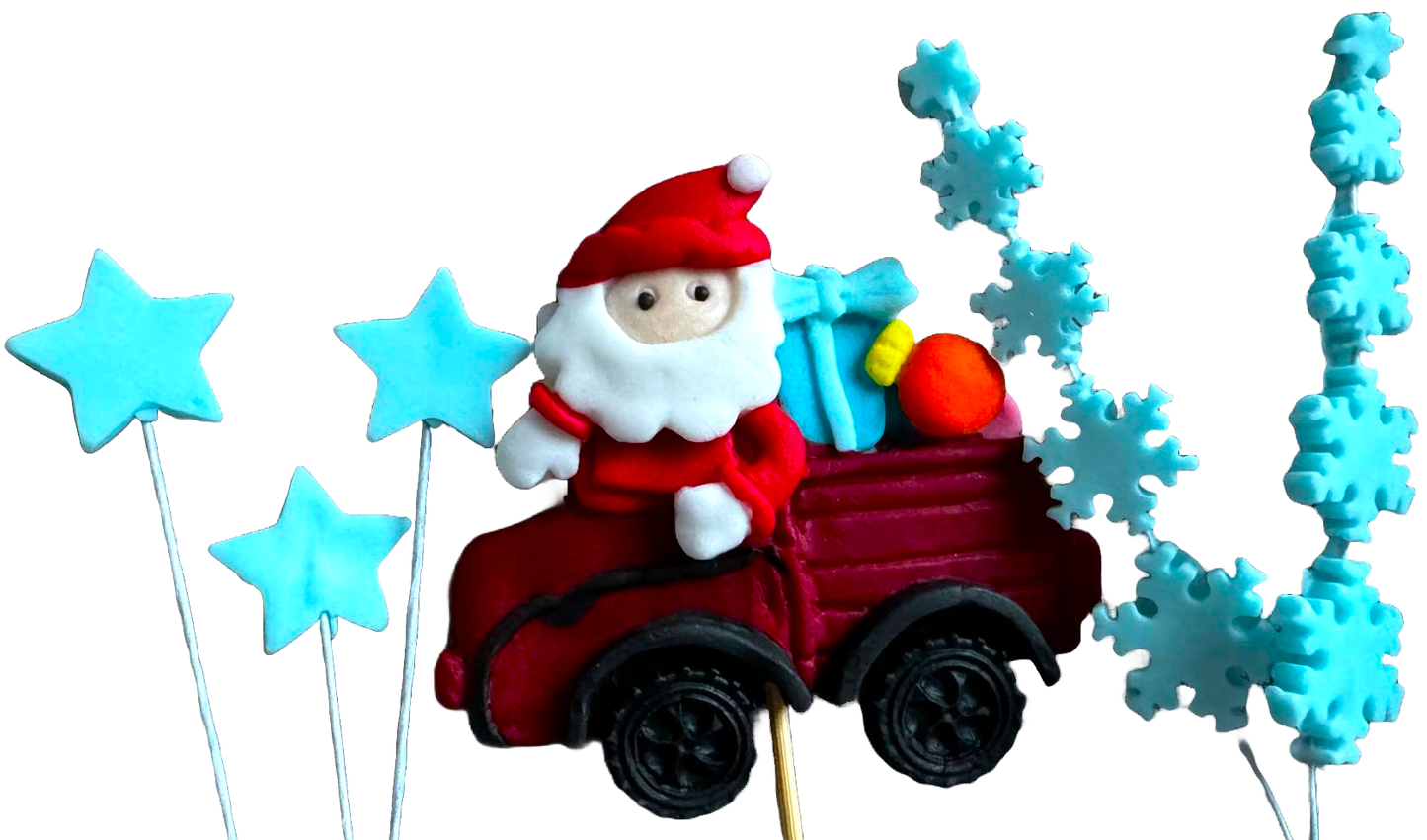 Set van 6 eetbare decoraties van suikerpasta, Kerstmis, de auto van de Kerstman, sterren en sneeuwvlokken Decoraties van Sugar Paste Naty Shop