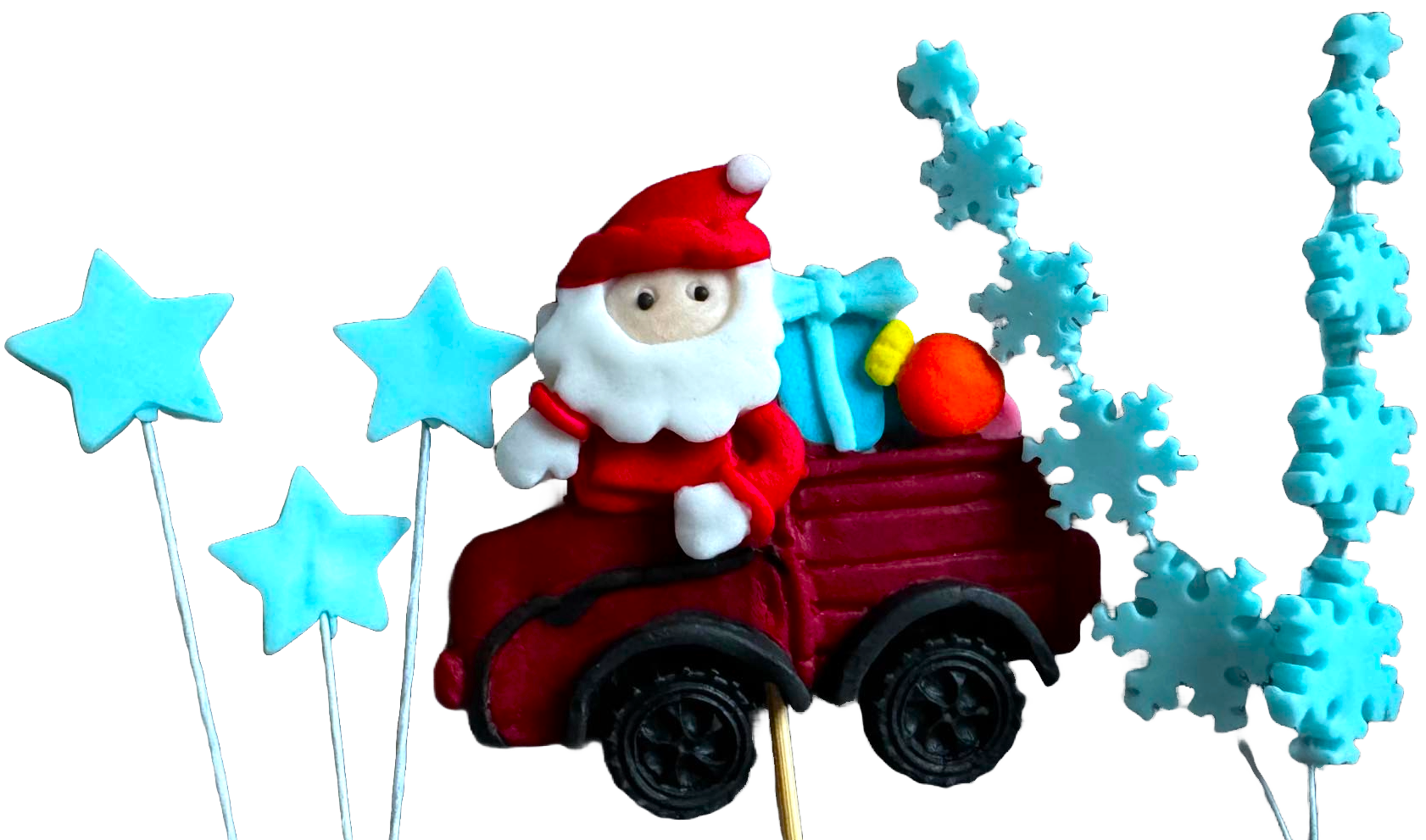 Set van 6 eetbare decoraties van suikerpasta, Kerstmis, de auto van de Kerstman, sterren en sneeuwvlokken Decoraties van Sugar Paste Naty Shop
