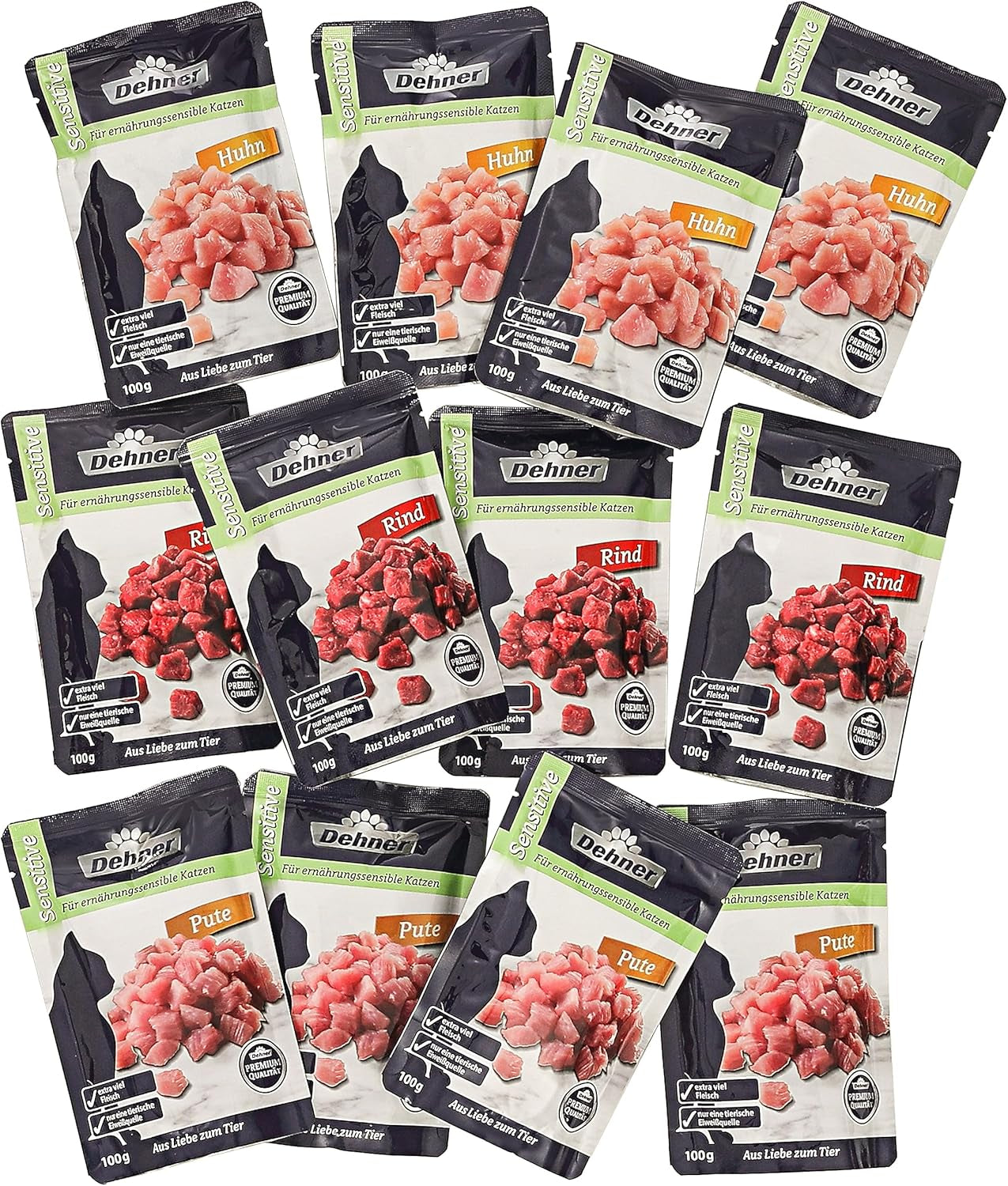Dehner Premium Katzenfutter Sensitive Multipack, Nassfutter, voor ernährungsensible Katzen, je 4 x Huhn / Rind / Pute, 12 x 100 g zak (1,2 kg)