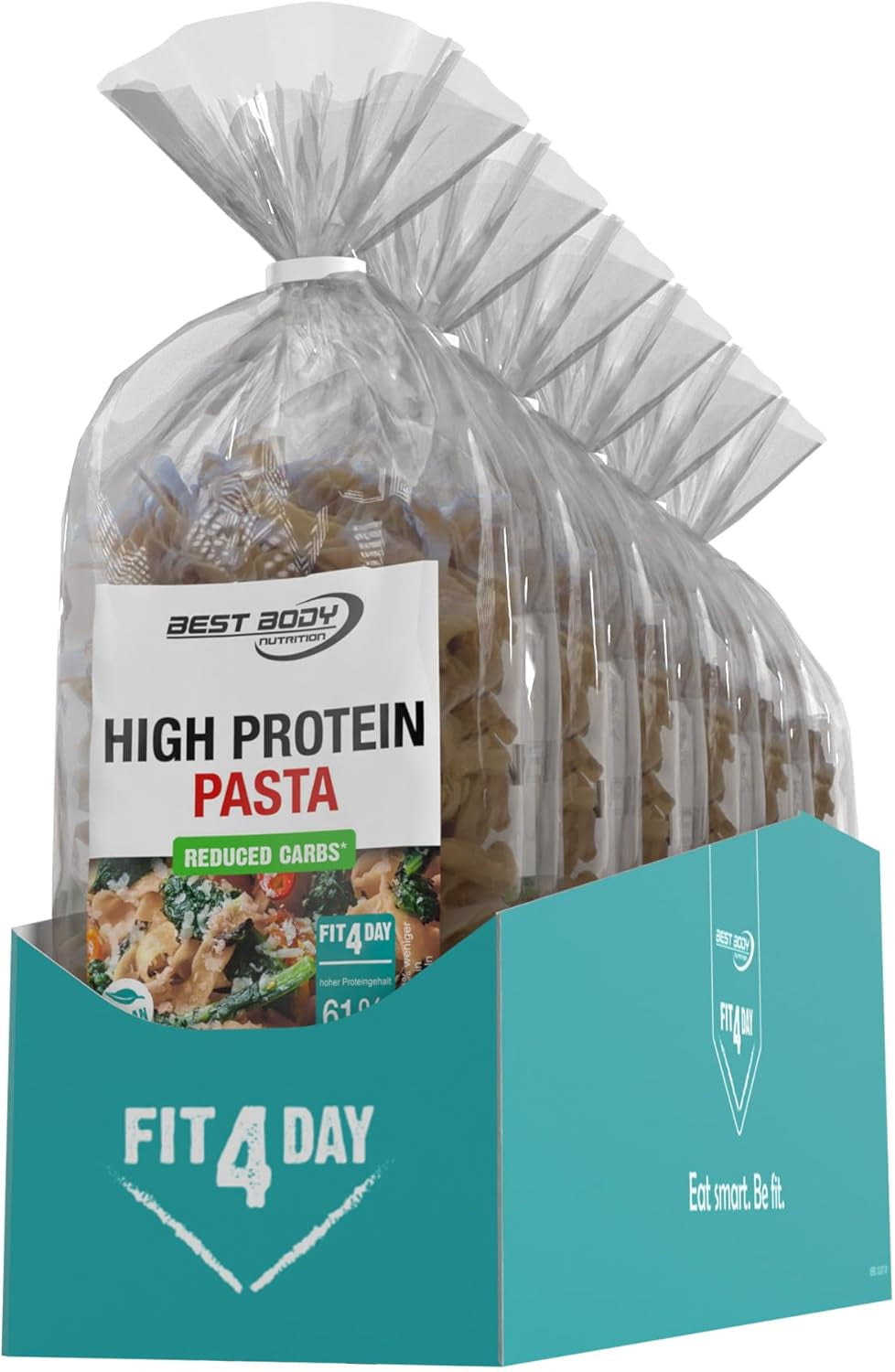 Best Body Nutrition Eiwitpasta 6 x 200 g - Fit4Day High Protein Tagliatelle - 61% eiwit, koolhydraatarm, veganistisch en lactosevrij, sojavrij - Erwteneiwit van hoge kwaliteit - voor koolhydraatarme diëten