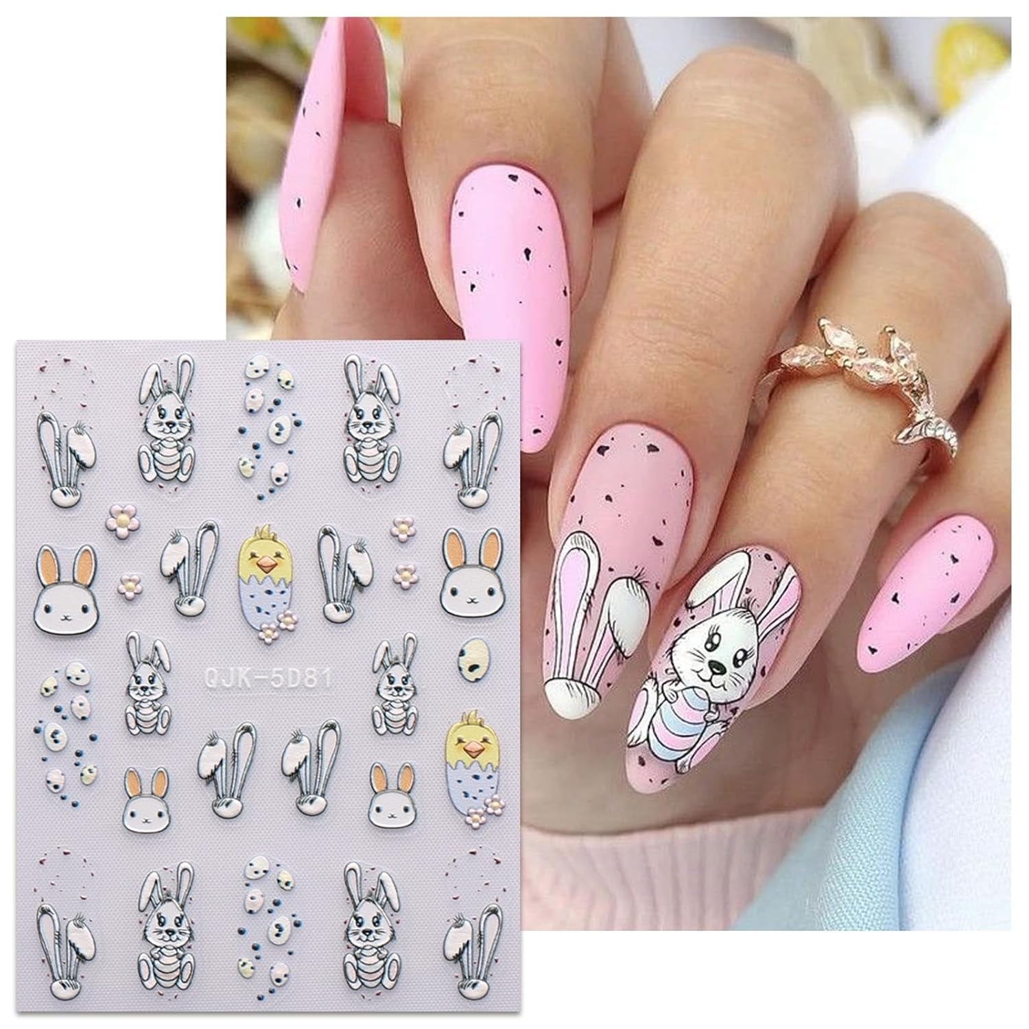 JMEOWIO 6 Blatt 3D Nagelsticker Ostern Nail Art Sticker Selbstklebend Nagelaufkleber 5D Stereoskopisch Süßer Hase Ei Decoratie Nageldesign Zubehör